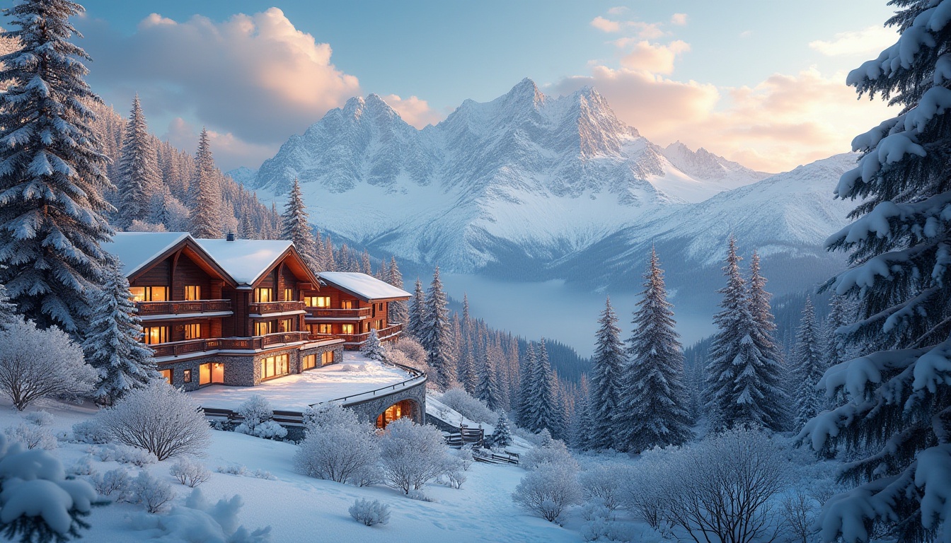 Prompt: Snow-capped mountains, frosty pine trees, ski lifts, wooden chalets, warm fireplaces, cozy lodges, rustic wood accents, earthy tones, icy blues, snowy whites, rich reds, vibrant oranges, warm beiges, soft creams, natural textures, ambient lighting, 3/4 composition, shallow depth of field, panoramic views.