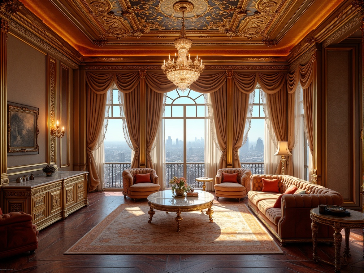 Prompt: Luxurious penthouse, opulent furnishings, intricate gold leaf patterns, ornate carved wood details, velvet drapes, crystal chandeliers, marble countertops, rich jewel-toned colors, lavish textures, grandiose architectural elements, sweeping staircases, majestic floor-to-ceiling windows, panoramic city views, warm golden lighting, 1/1 composition, low-angle shot, dramatic shadows, high-contrast ratios.