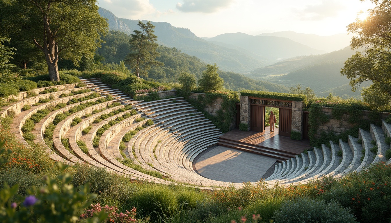 Prompt: Tiered seating, natural stone amphitheater, lush greenery, rolling hills, scenic vistas, outdoor performance space, wooden stage, metallic structural elements, curved lines, minimalist design, warm sunny day, soft warm lighting, shallow depth of field, 3/4 composition, panoramic view, realistic textures, ambient occlusion, integrated water features, sustainable drainage systems, eco-friendly materials, innovative irrigation technologies, vibrant colorful flora, intricate stonework patterns.