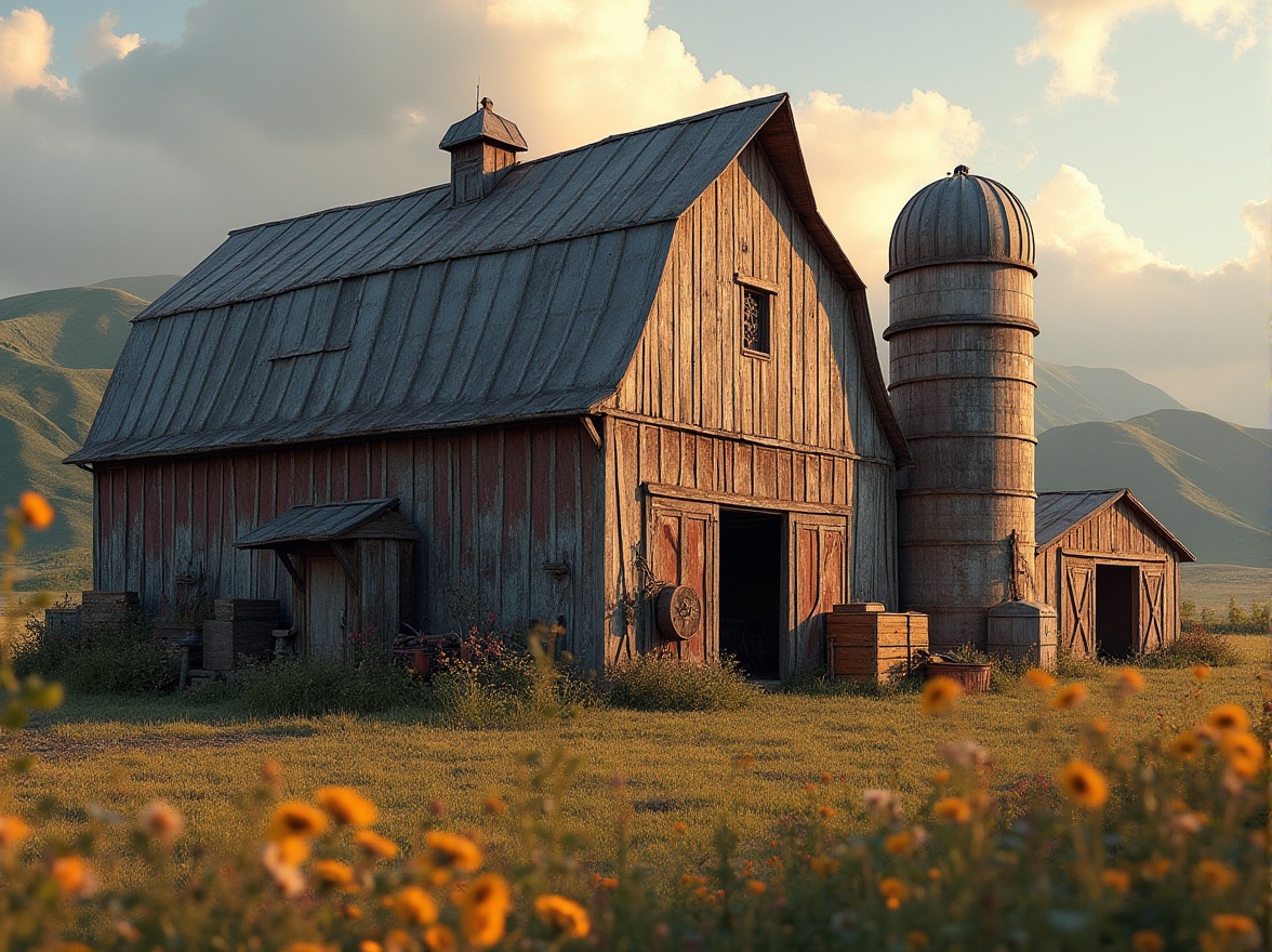 Prompt: Rustic barns, asymmetrical forms, curved silos, angular roofs, weathered wood textures, distressed metal accents, earthy color palette, natural light pouring in, dramatic shadows, rustic farm tools, vintage agricultural equipment, overgrown wildflowers, rolling hills, serene countryside, warm golden lighting, shallow depth of field, 1/2 composition, soft focus effect, realistic worn details.