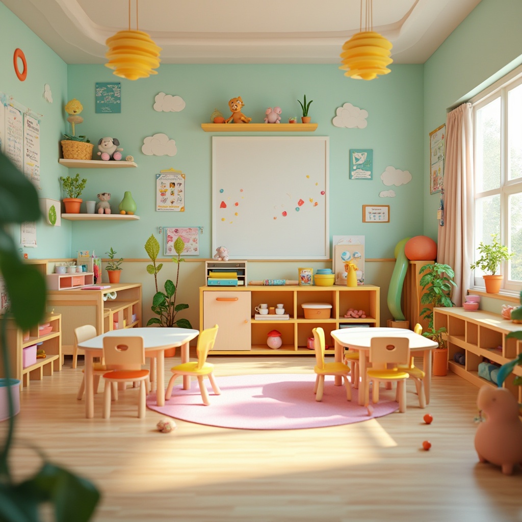 Prompt: Vibrant kindergarten classroom, playful color palette, soft pastel hues, bright primary colors, stimulating murals, educational posters, child-sized furniture, rounded shapes, safe playground equipment, interactive learning tools, creative art stations, collaborative workspaces, cozy reading nooks, natural wood accents, calming greenery, warm sunny lighting, shallow depth of field, 1/1 composition, realistic textures, ambient occlusion.