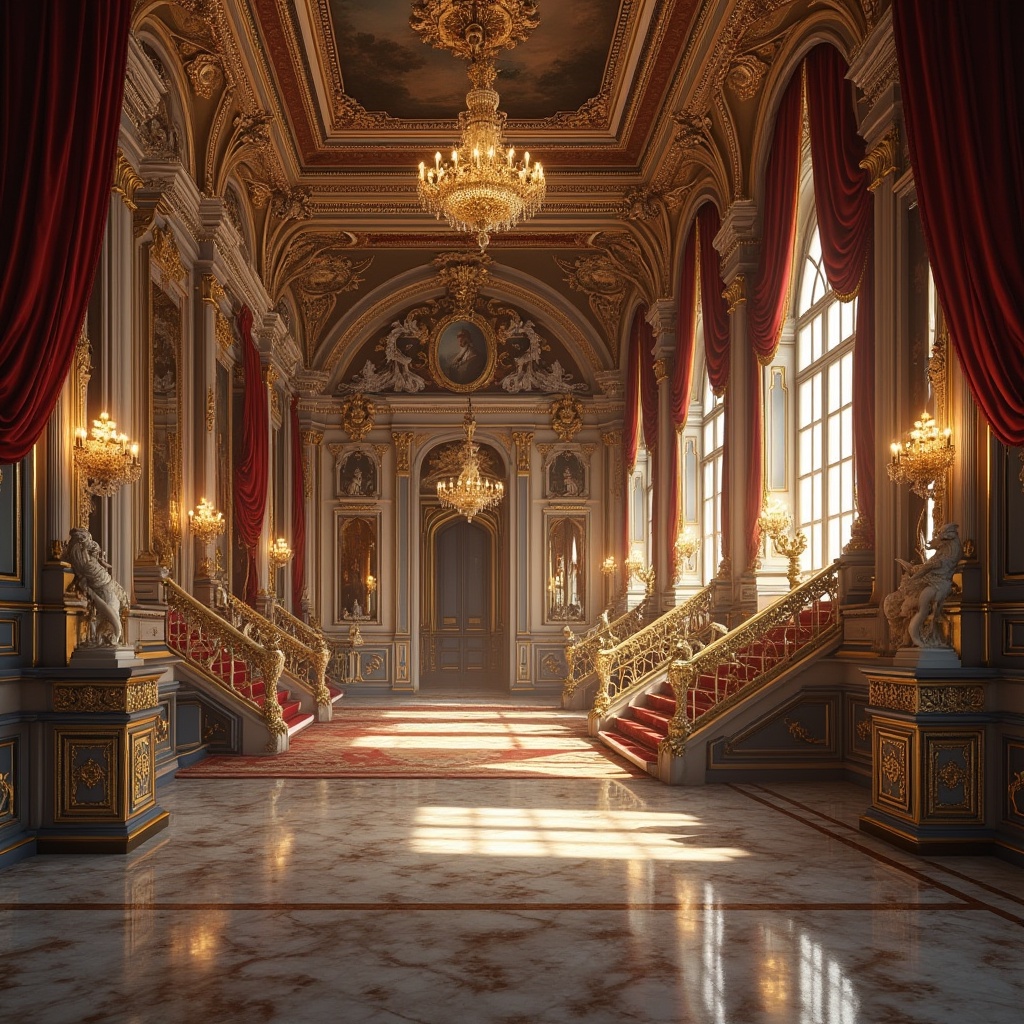 Prompt: Luxurious Renaissance palace, ornate chandeliers, grand staircases, marble floors, rich velvet drapes, gilded frames, intricate frescoes, ornamental mirrors, lavish furnishings, elegant archways, high ceilings, majestic columns, warm soft lighting, 1/1 composition, realistic textures, ambient occlusion.