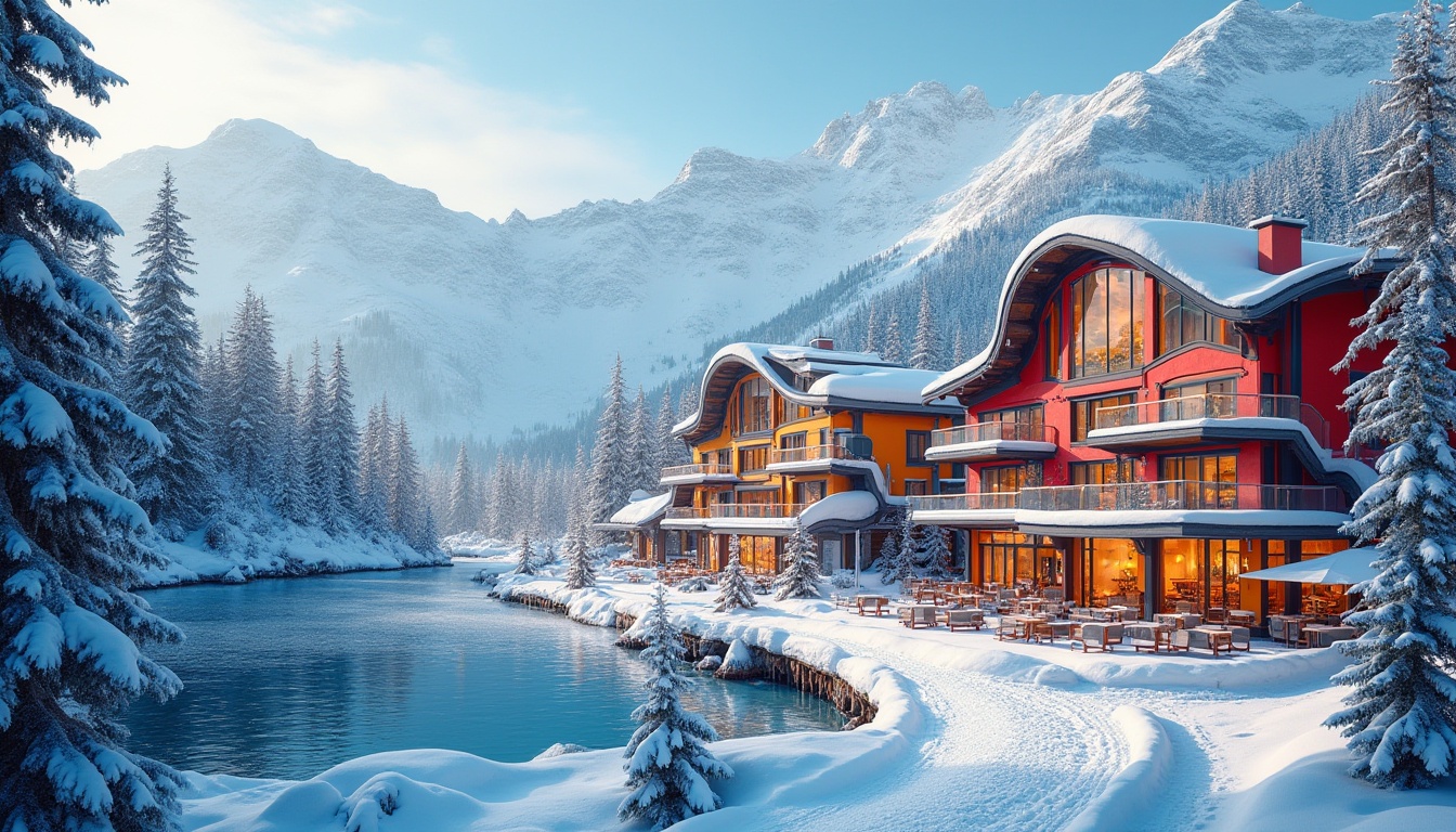 Prompt: Vibrant ski resort, snowy mountain peaks, frozen lakes, evergreen trees, modern expressionist architecture, bold angular facades, dynamic curved lines, bright color blocking, abstract geometric patterns, irregular shapes, cantilevered rooflines, oversized windows, snowflake-inspired decorations, frosty glass surfaces, warm wooden accents, cozy interior lighting, dramatic shadows, low-key contrast, 1/2 composition, atmospheric perspective, realistic snow textures, ambient occlusion.