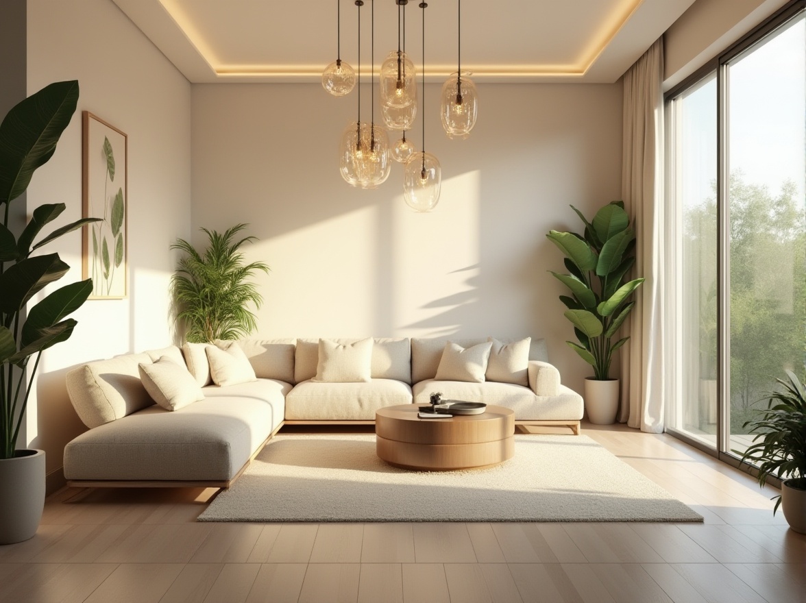 Prompt: Modern living room, sleek minimalist furniture, soft cream-colored walls, polished wooden floors, elegant chandeliers, comfortable sectional sofas, vibrant green plants, floor-to-ceiling windows, natural light pouring in, subtle warm lighting, 1/1 composition, shallow depth of field, realistic textures, ambient occlusion.