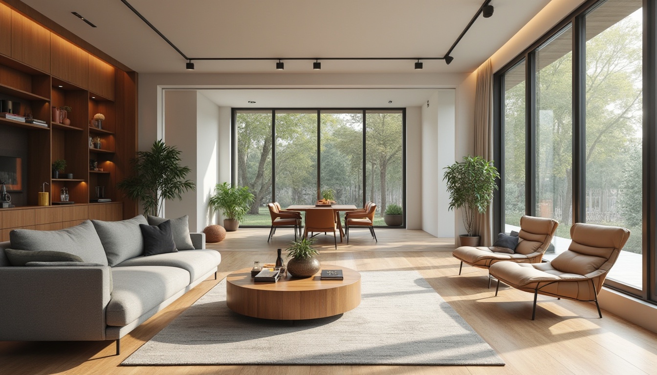 Prompt: Modern living room, spacious open layout, comfortable seating area, sleek coffee table, floor-to-ceiling windows, natural daylight, warm wooden flooring, minimalist decor, functional storage units, built-in shelving, ergonomic furniture, cozy reading nook, ambient soft lighting, 1/1 composition, shallow depth of field, realistic textures, subtle color palette.