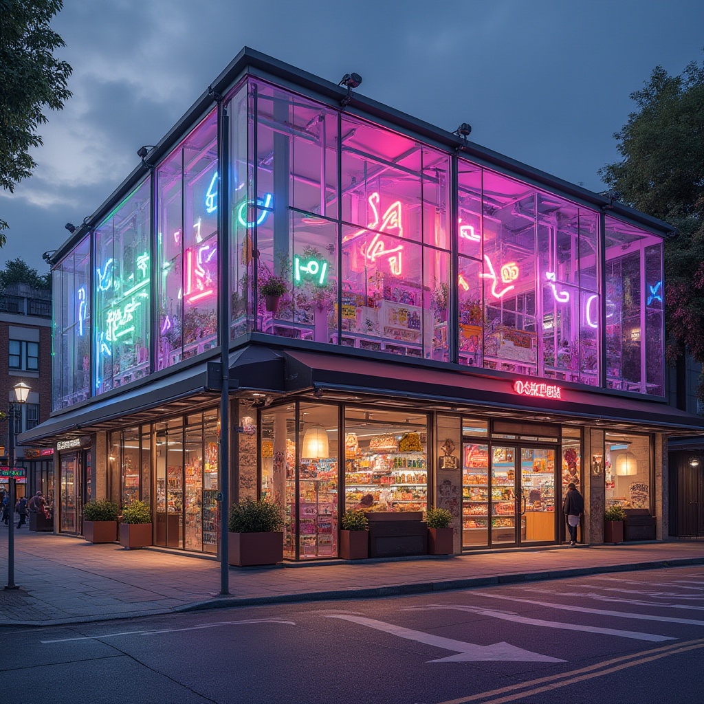 Prompt: Vibrant supermarket exterior, dynamic LED lighting, bold color scheme, futuristic glass fa\u00e7ade, angular metal frames, cantilevered awnings, natural stone bases, large storefront windows, sliding glass doors, urban cityscape, busy street scene, morning sunlight, soft focus effect, 1/2 composition, shallow depth of field, realistic reflections, ambient occlusion.