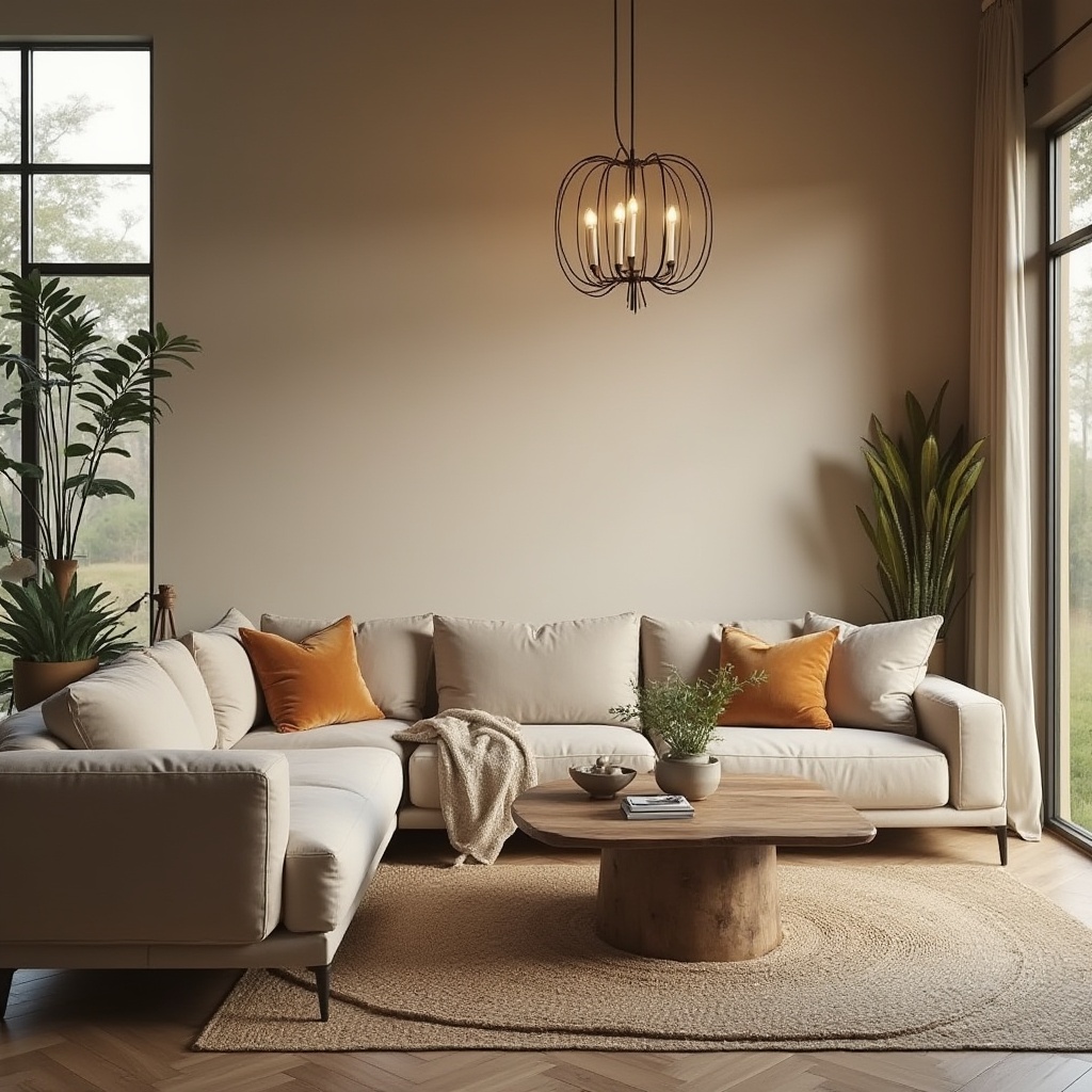 Prompt: Cozy living room, warm beige walls, plush sectional sofa, soft velvet pillows, rustic wooden coffee table, modern minimalist chandelier, floor-to-ceiling windows, natural daylight, calming ambiance, earthy tone color scheme, woven jute rug, greenery plants, industrial-chic metal accents, subtle patterned textiles, ambient lighting, shallow depth of field, 1/1 composition, realistic textures.