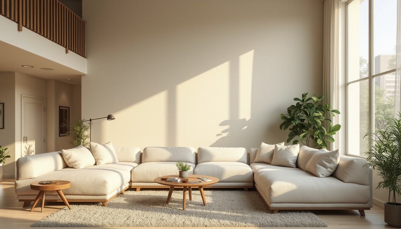 Prompt: Spacious living room, high ceilings, large windows, natural light, warm beige walls, creamy white furniture, plush area rugs, comfortable sectional sofas, modern minimalist decor, greenery accents, potted plants, wooden coffee tables, ambient soft lighting, 1/1 composition, shallow depth of field, realistic textures.