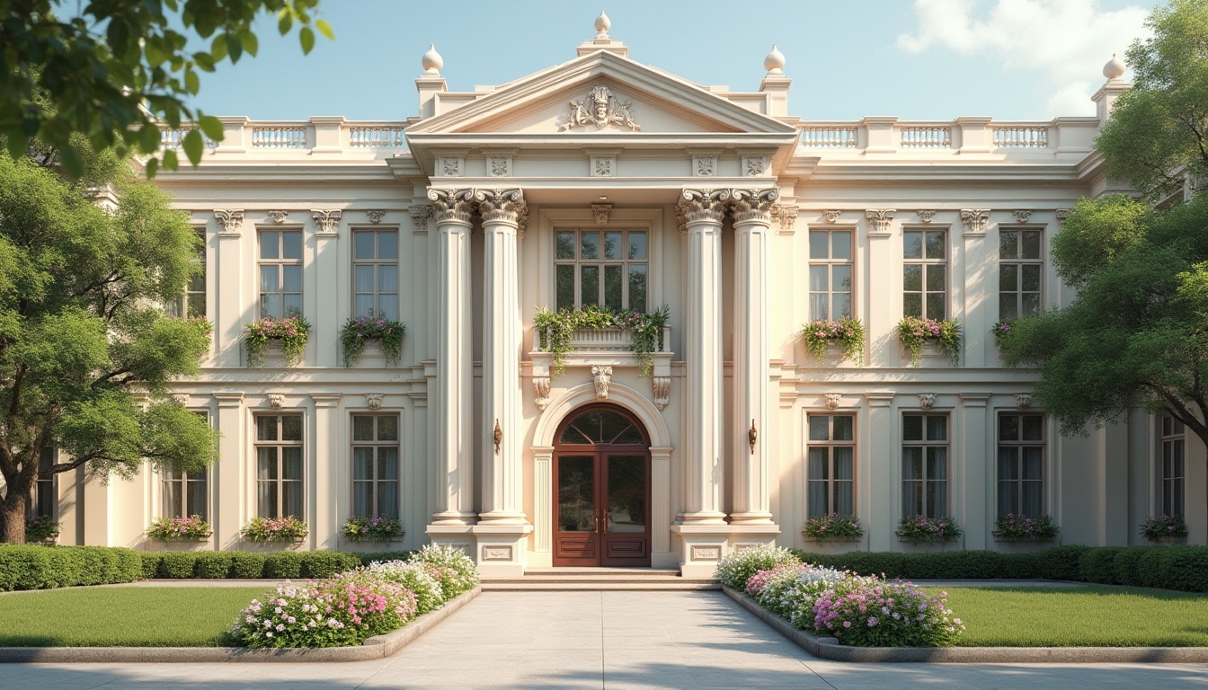 Prompt: Elegant middle school facade, classical columns, ornate pilasters, symmetrical architecture, cream-colored stone walls, decorative pediments, grand entranceways, bronze door handles, lush greenery, blooming flowers, vibrant window boxes, soft natural lighting, shallow depth of field, 1/1 composition, realistic textures, ambient occlusion, subtle gradient mapping.