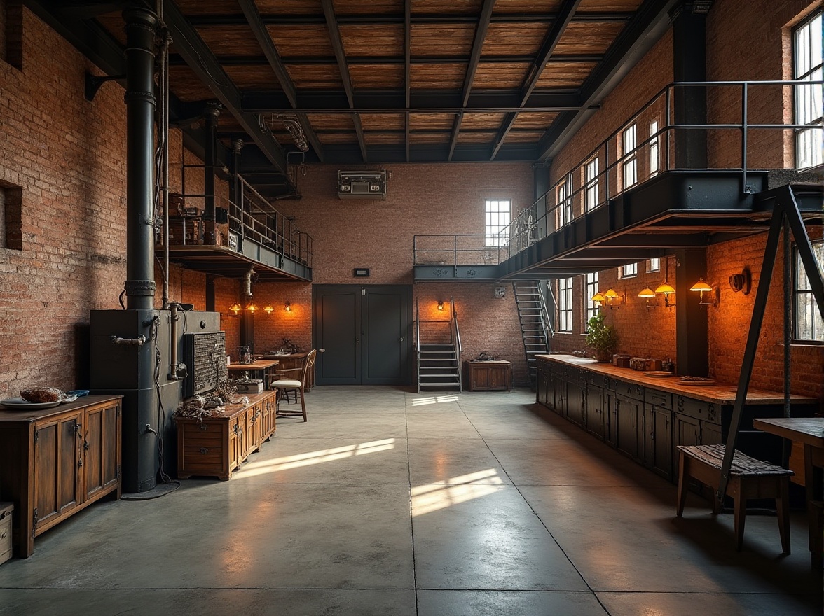 Prompt: Rustic industrial warehouse, exposed brick walls, distressed wooden beams, corrugated metal roofs, concrete floors, rough-hewn stone accents, vintage factory machinery, metal catwalks, reclaimed wood crates, earthy color palette, warm atmospheric lighting, high ceilings, open spaces, minimal decor, functional pipes, industrial-grade materials, raw unfinished textures, utilitarian aesthetic, urban decay, gritty realism, shallow depth of field, 1/1 composition, cinematic framing.