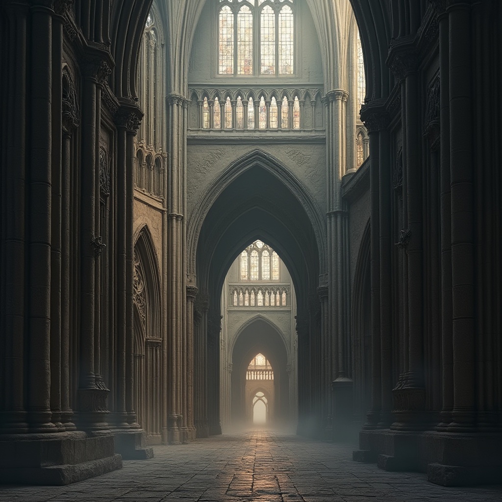 Prompt: Intricate stone carvings, grandiose cathedrals, soaring vertical lines, ribbed vaults, pointed arches, flying buttresses, stained glass windows, ornate gargoyles, dramatic lighting effects, mystical ambiance, ancient European architecture, weathered stone walls, mysterious shadows, atmospheric fog, low-key warm lighting, 1/2 composition, symmetrical framing, high-contrast textures, subtle color grading.