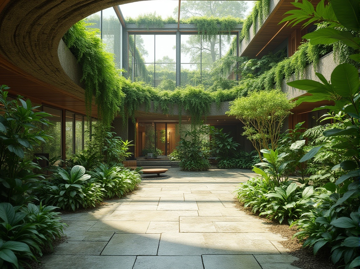 Prompt: Vibrant green walls, lush indoor plants, natural stone flooring, reclaimed wood accents, organic shapes, curvaceous lines, earthy color palette, abundant natural light, clerestory windows, skylights, living roofs, vertical gardens, eco-friendly materials, sustainable building practices, minimal ornamentation, seamless transitions, blurred boundaries, visual connections to outdoors, panoramic views, 1/1 composition, soft warm lighting, realistic textures, ambient occlusion.