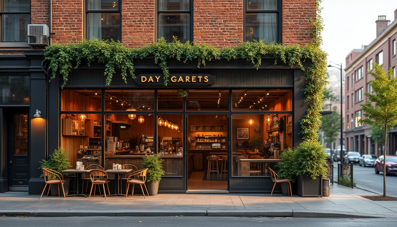 Prompt: Vibrant coffee shop facade, industrial chic aesthetic, exposed brick walls, large glass windows, wooden accents, modern minimalist signage, urban cityscape, bustling streets, morning sunlight, warm golden lighting, shallow depth of field, 1/1 composition, realistic textures, ambient occlusion, reclaimed wood panels, metal frames, geometric patterns, green roofs, living walls, natural ventilation systems, energy-efficient solutions, cozy outdoor seating areas, lantern-inspired lighting fixtures.