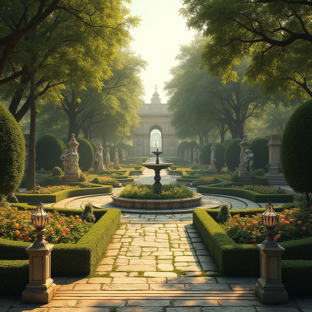 Prompt: Symmetrical garden layout, manicured lawn, ornate fountains, sculpted hedges, blooming flower beds, classical statues, grand stone stairs, ornamental lanterns, weathered stone walkways, mature trees with sprawling canopies, soft afternoon sunlight, warm golden lighting, shallow depth of field, 1/2 composition, realistic textures, ambient occlusion.