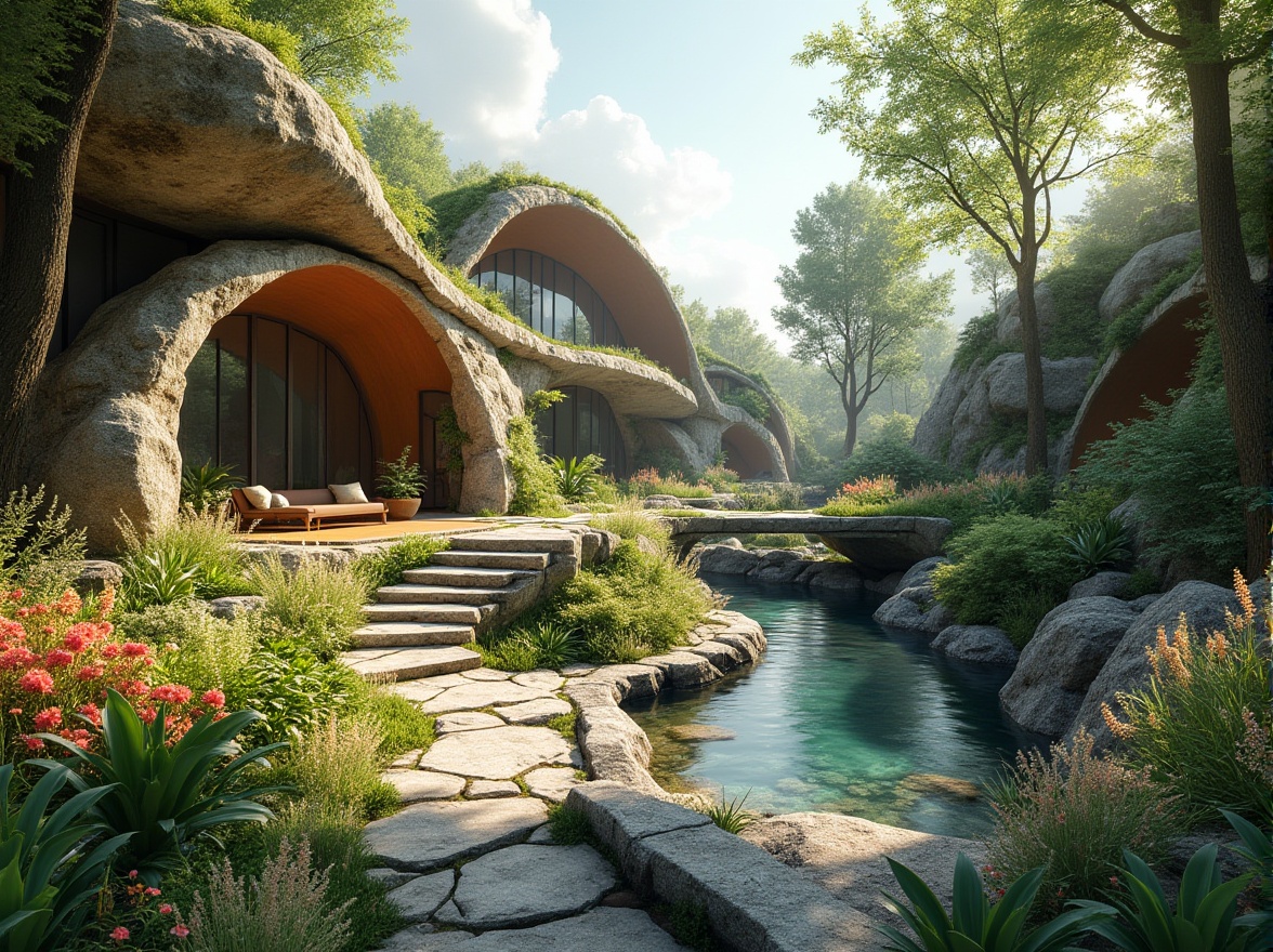 Prompt: Seamless landscape integration, organic architecture, curved lines, natural materials, stone walls, wooden accents, lush greenery, overflowing gardens, serene water features, rustic bridges, meandering pathways, vibrant wildflowers, warm sunny day, soft diffused lighting, 3/4 composition, panoramic view, realistic textures, ambient occlusion.