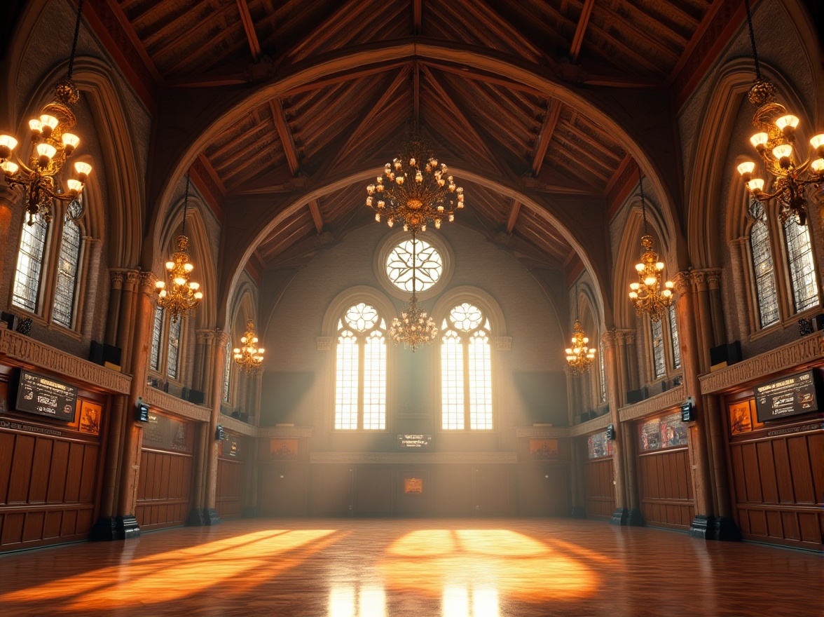 Prompt: Vaulted ceilings, ribbed arches, pointed Gothic windows, stained glass details, grand chandeliers, wooden beams, ornate trusses, intricate stone carvings, medieval-inspired frescoes, dramatic lighting effects, atmospheric misting, rustic brick walls, polished hardwood floors, athletic equipment silhouettes, suspended scoreboard displays, nostalgic school spirit banners, warm golden color palette, softbox lighting, 1/2 composition, symmetrical framing, realistic textures, ambient occlusion.