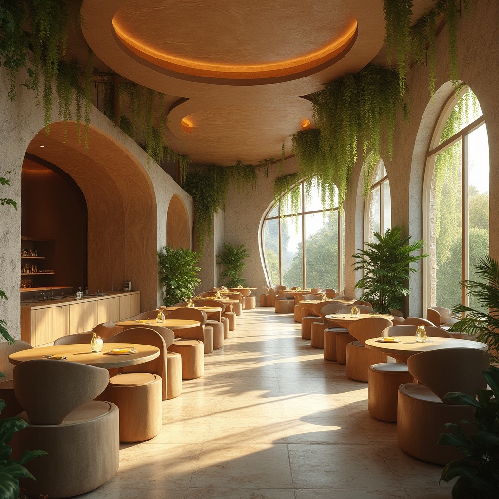 Prompt: Elegant dining hall, flowing curves, natural stone walls, wooden accents, earthy tones, lush greenery, hanging plants, minimalist lighting, warm ambiance, comfortable seating, rounded tables, organic shapes, free-form structures, undulating ceilings, curved lines, soft warm colors, cozy atmosphere, morning light, shallow depth of field, 1/1 composition, realistic textures, ambient occlusion.