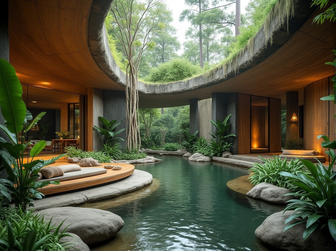 Prompt: Seamless natural integration, organic architecture, curved lines, earthy tones, lush greenery, tropical plants, waterfall features, natural stone walls, reclaimed wood accents, floor-to-ceiling windows, panoramic views, ambient lighting, soft misting effects, 3/4 composition, realistic textures, subtle shadows, eco-friendly materials, sustainable design principles, minimal environmental impact, serene atmosphere, peaceful ambiance, harmonious coexistence.