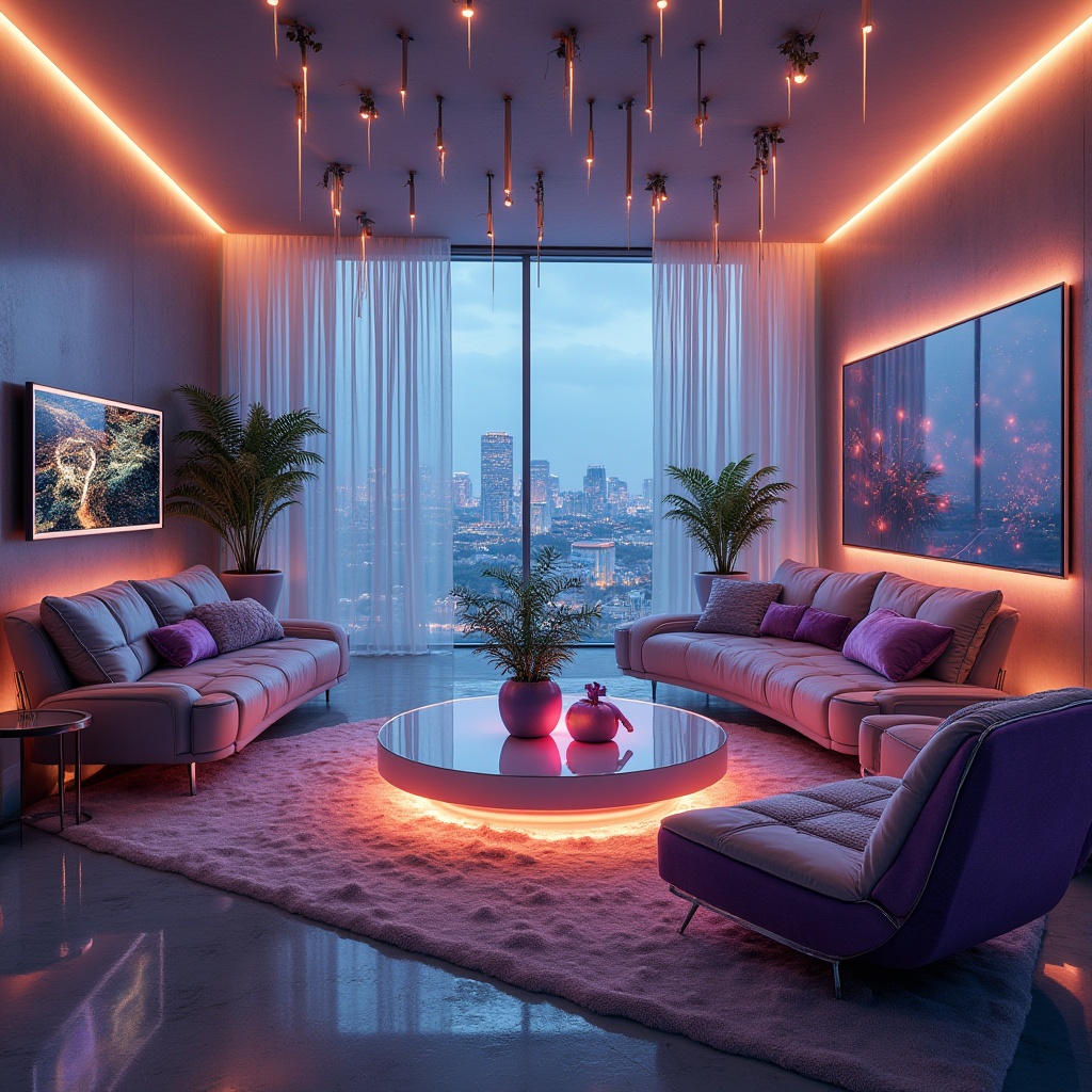 Prompt: Futuristic living room, metallic accents, neon-lit cityscape, sleek low-profile furniture, velvet cushions, holographic patterns, iridescent fabrics, shimmering curtains, ambient LED lighting, 3D-printed decorative elements, abstract geometric shapes, vibrant color palette, reflective surfaces, luxurious ambiance, modern technology integration, virtual reality interfaces, augmented reality displays, futuristic sound systems, minimalist decor, innovative material applications, soft warm glow, shallow depth of field, panoramic view, realistic textures.