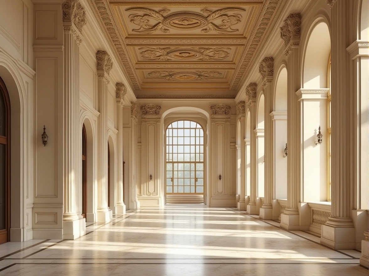 Prompt: Elegant neoclassical building, ornate details, creamy white marble, rich gold accents, soft beige stone walls, muted earthy tones, subtle warm lighting, ornamental columns, intricate moldings, grandiose high ceilings, lavish furnishings, luxurious fabrics, refined classic patterns, subtle shading, 1/2 composition, warm atmospheric perspective.