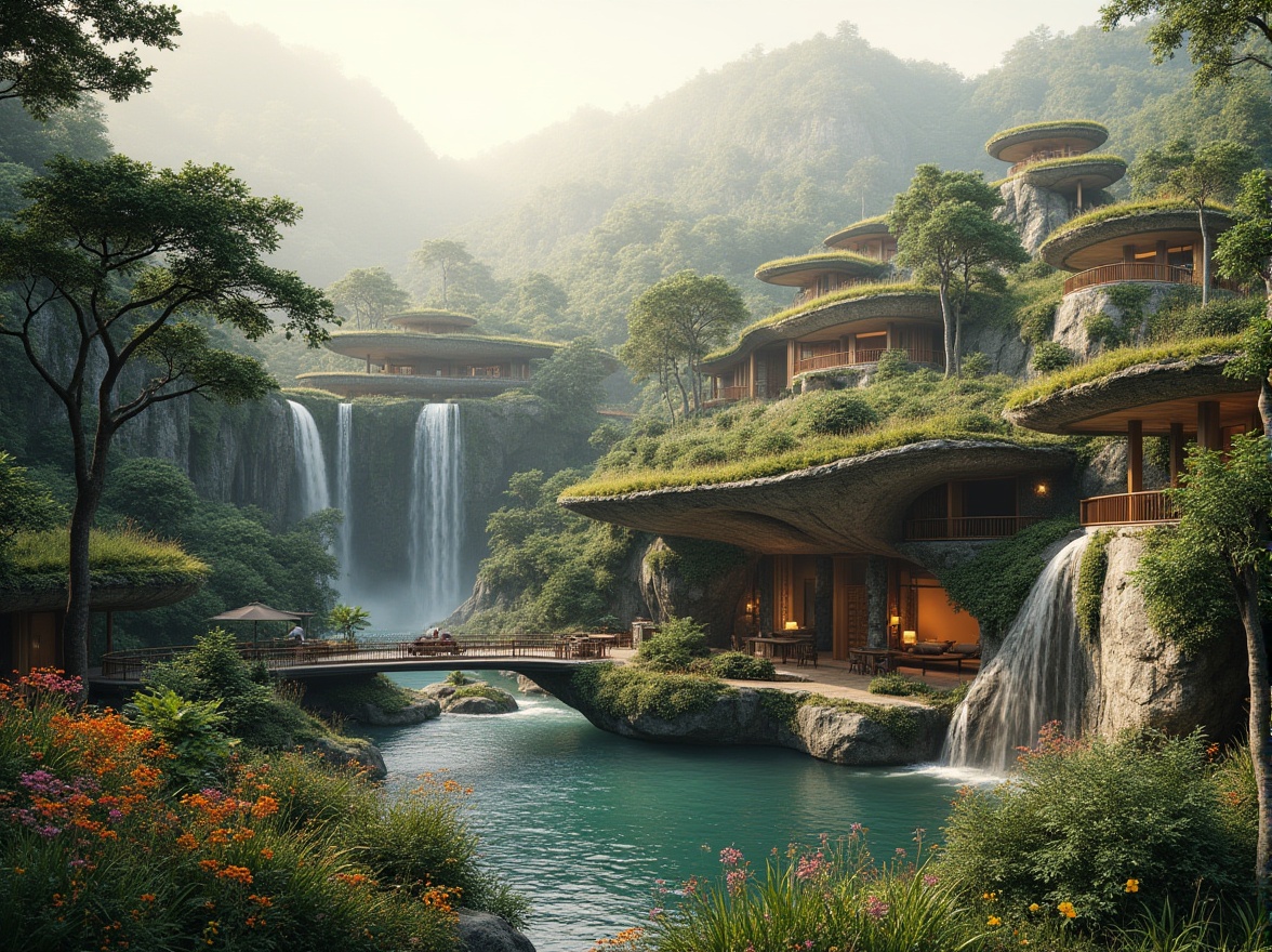 Prompt: Harmonious building integration, lush green roofs, cascading water features, natural stone walls, curved lines, organic forms, blending with surroundings, earthy tones, seamless transitions, native plant species, wildflower meadows, rustic wooden decks, weathered steel accents, soft warm lighting, misty morning atmosphere, shallow depth of field, 3/4 composition, panoramic view, realistic textures, ambient occlusion.