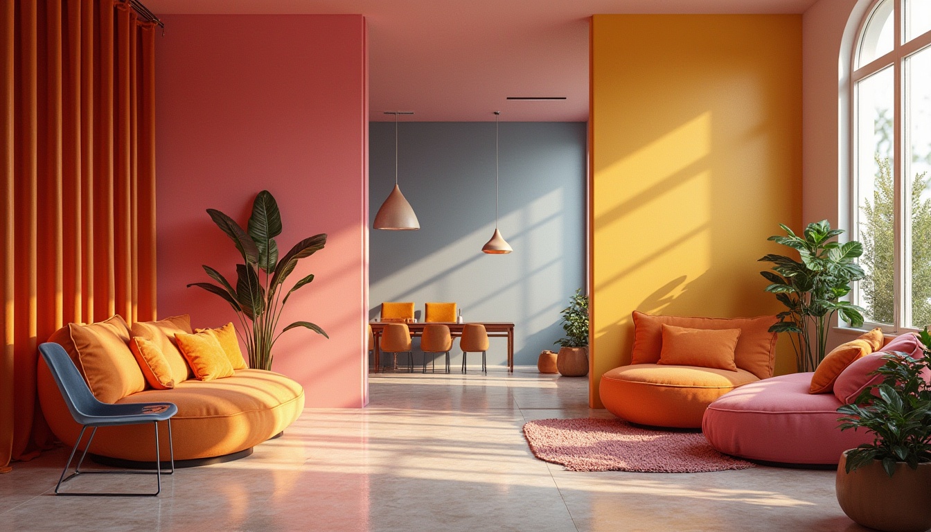 Prompt: Vibrant modern design, bold typography, contrasting color scheme, bright accent walls, pastel backgrounds, rich textures, luxurious fabrics, metallic accents, warm ambient lighting, shallow depth of field, 1/2 composition, realistic renderings, atmospheric effects.