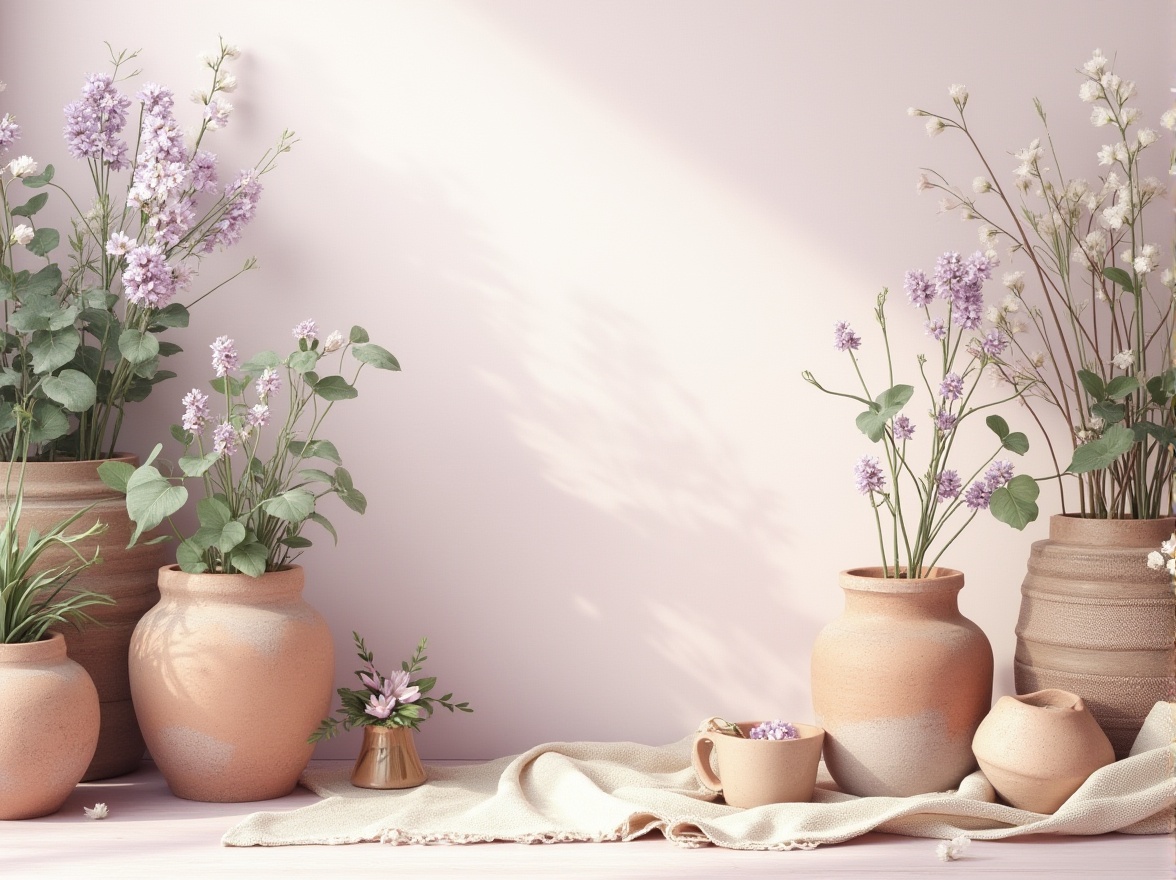 Prompt: Soft lilac hues, pastel purple shades, warm beige tones, creamy whites, rich wood accents, natural textiles, organic patterns, earthy terracotta pots, lush greenery, whimsical illustrations, watercolor effects, delicate linework, gentle gradients, 1/2 composition, soft focus, ethereal atmosphere, romantic ambiance.