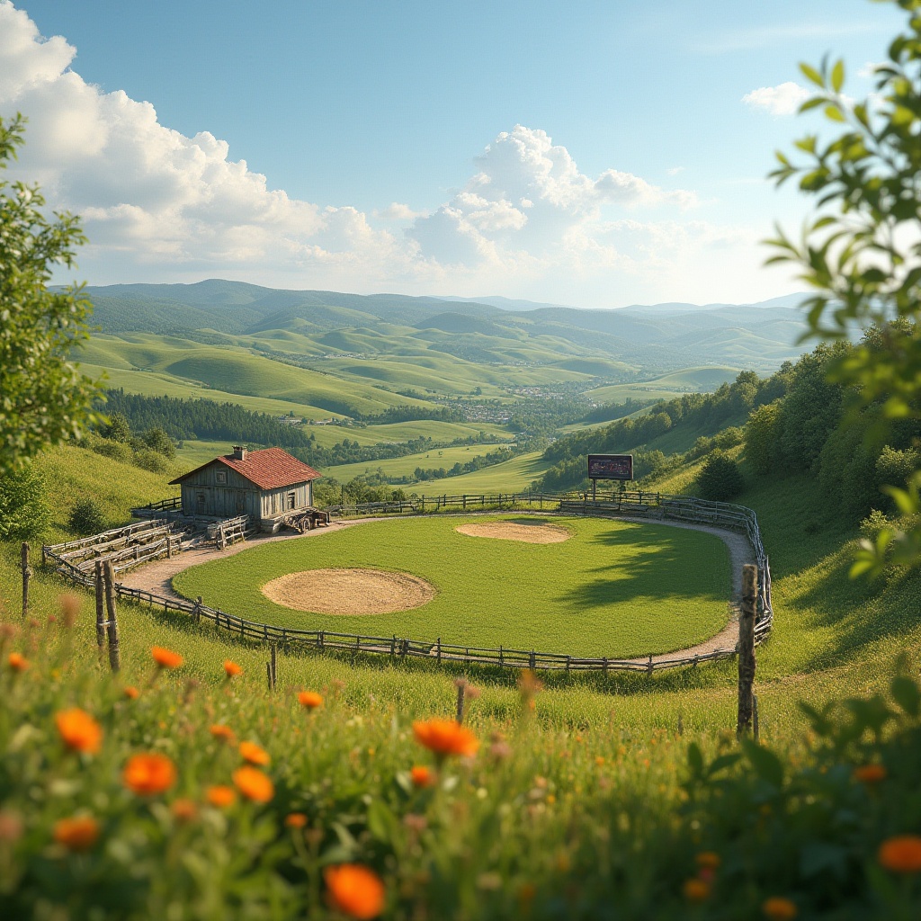 Prompt: Rustic rural landscape, rolling hills, lush green grass, wildflowers, wooden bleachers, vintage scoreboard, rustic metal fencing, country roads, surrounding farmland, natural stone walls, earthy tones, warm sunny day, soft focus, shallow depth of field, 1/1 composition, realistic textures, ambient occlusion.