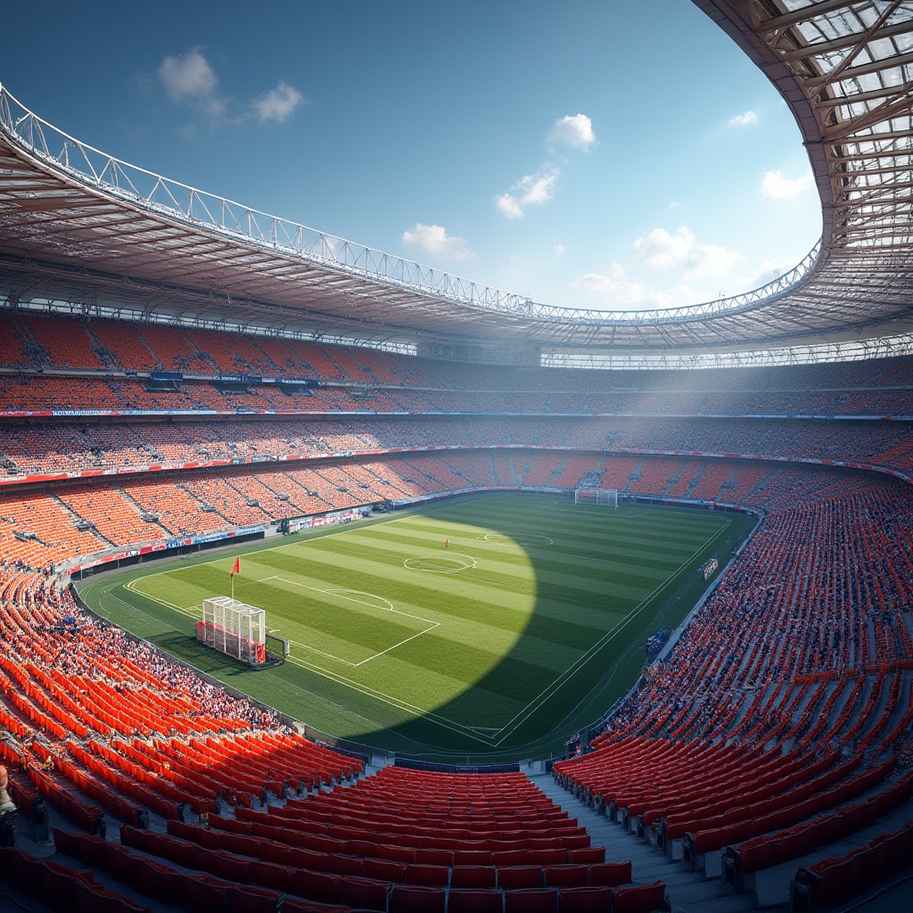 Prompt: Vibrant stadium architecture, dynamic seating areas, bold team colors, bright LED lighting, energetic atmosphere, modern metallic structures, sleek glass facades, angular lines, geometric patterns, urban cityscape, sunny day, warm ambient lighting, shallow depth of field, 3/4 composition, panoramic view, realistic textures, ambient occlusion.