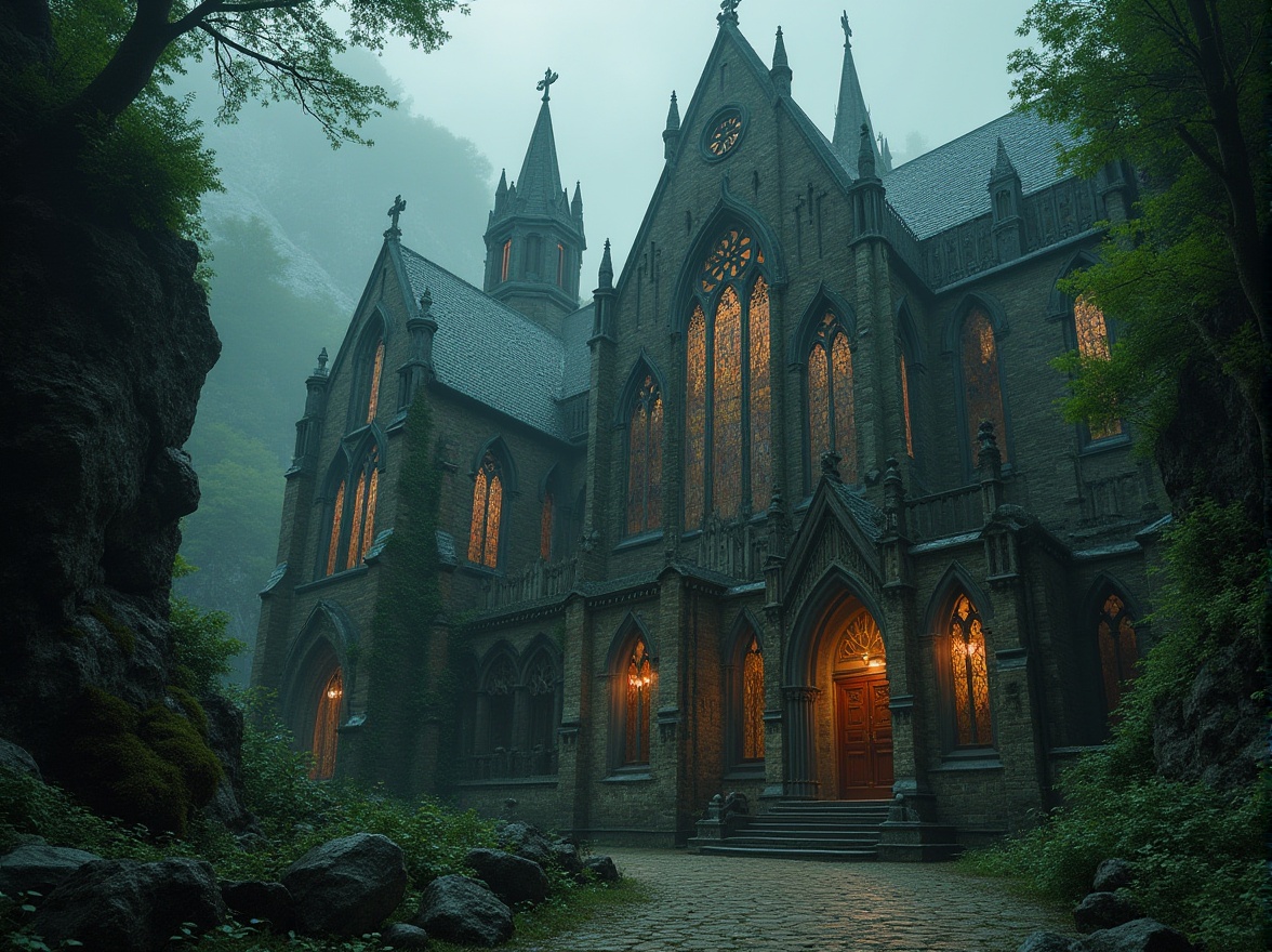 Prompt: Mysterious Gothic cathedral, intricately carved stone fa\u00e7ade, grandiose vaulted ceilings, stunning stained glass windows, majestic bell towers, lush greenery, overgrown vines, moss-covered walls, rugged mountainous terrain, misty atmospheric lighting, soft warm glow, dramatic shadows, 1/1 composition, low-angle shot, cinematic mood, detailed textures, ambient occlusion.