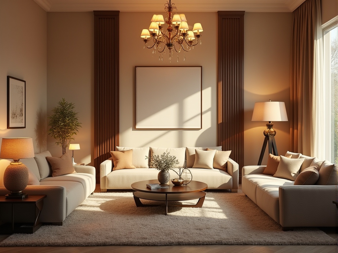 Prompt: Elegant living room, warm ambient lighting, soft glow, table lamps, floor lamps, modern chandelier, cozy atmosphere, comfortable seating, dark wood furniture, cream-colored walls, plush carpets, natural textiles, subtle color palette, relaxing vibe, afternoon sunbeams, indirect lighting, 1/1 composition, shallow depth of field, softbox lights, warm color temperature, realistic textures.