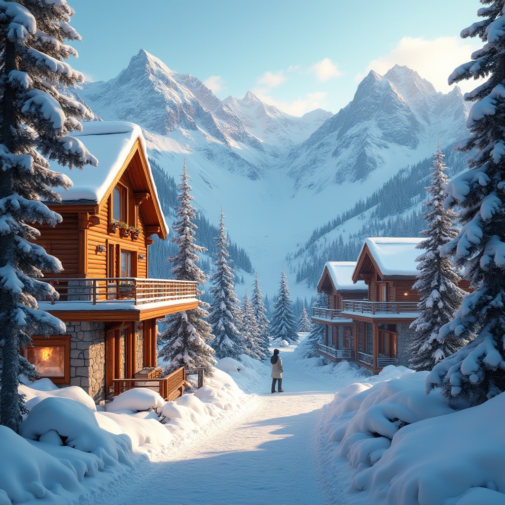 Prompt: Snow-capped mountains, frosty mornings, warm wooden lodges, vibrant ski suits, snowflake patterns, icy blue skies, powdery snow textures, rustic stone walls, cozy fireplaces, wooden cabinetry, earthy tones, natural materials, modern amenities, sleek metal railings, frozen lakes, misty valleys, soft warm lighting, shallow depth of field, 1/1 composition, realistic reflections, ambient occlusion.