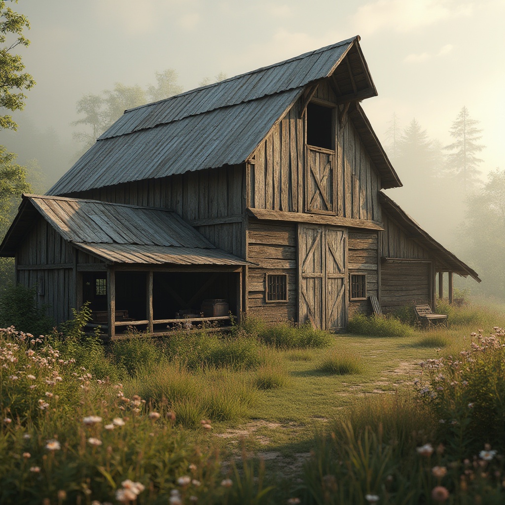 Prompt: Rustic barns, distressed wood textures, weathered metal roofs, earthy color palette, organic shapes, natural stone foundations, worn wooden doors, vintage farm equipment, overgrown gardens, wildflower meadows, misty morning atmosphere, soft warm lighting, shallow depth of field, 1/2 composition, intimate perspective, realistic material rendering, ambient occlusion.Let me know if this meets your requirements!