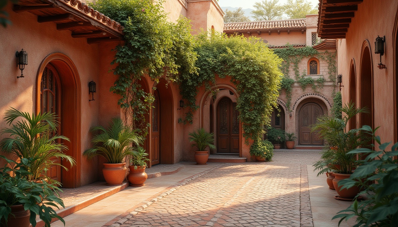 Prompt: Earth-toned regionalist facade, intricately patterned terracotta tiles, ornate wooden accents, curved Arabic-inspired arches, lush greenery, vibrant flowering vines, rustic stone walls, earthy red brick buildings, modern regionalist architecture, large wooden doors, decorative metalwork, warm golden lighting, soft shadows, shallow depth of field, 1/1 composition, realistic textures, ambient occlusion.