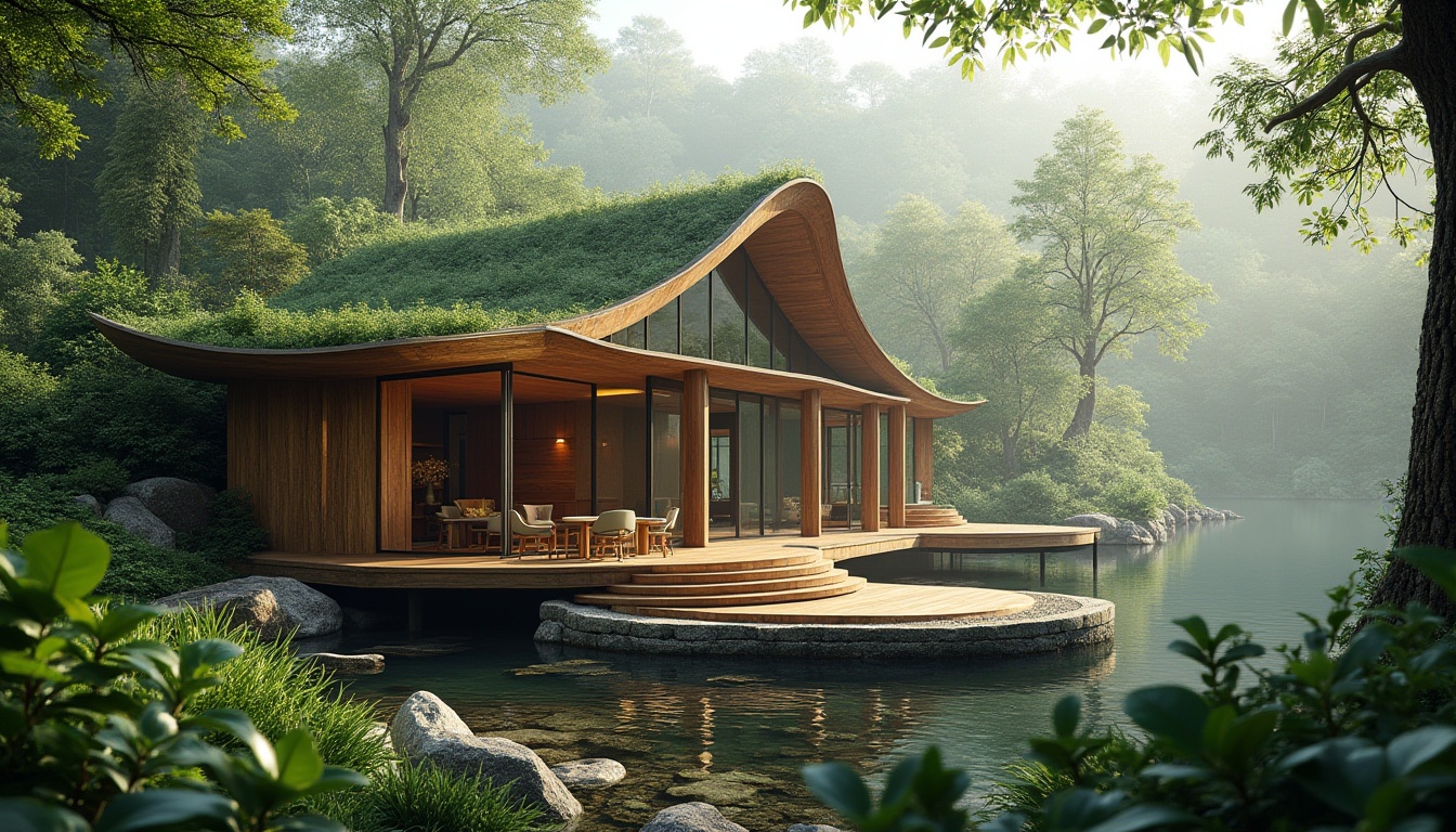 Prompt: Harmonious eco-lodge, natural materials, reclaimed wood, living walls, green roofs, cantilevered decks, floor-to-ceiling windows, organic curves, minimalist decor, earthy color palette, lush forest surroundings, misty morning atmosphere, soft diffused lighting, 1/1 composition, shallow depth of field, realistic foliage textures, ambient occlusion.Let me know if you need any adjustments!