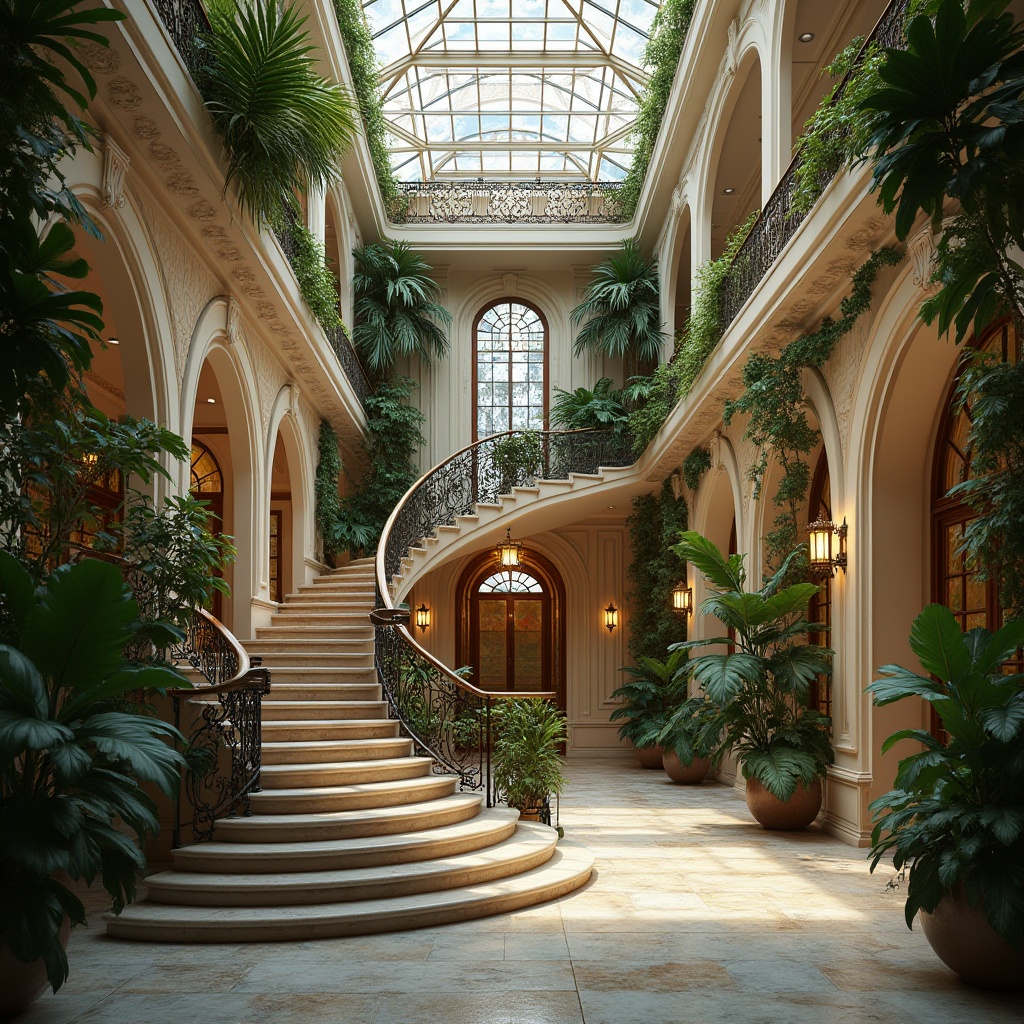 Prompt: Intricate ironwork, flowing organic forms, ornate facades, grand staircases, lush greenery, tropical plants, large skylights, stained glass windows, ornamental lanterns, soft warm lighting, shallow depth of field, 1/1 composition, panoramic view, realistic textures, ambient occlusion, vibrant colors, curved lines, sinuous shapes, elegant proportions, luxurious materials, marble floors, wooden panels, velvet drapes, majestic archways.