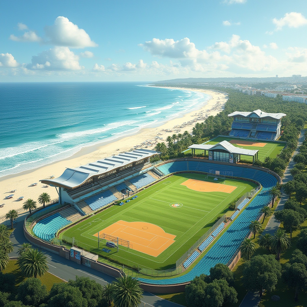 Prompt: Seaside sports complex, oceanfront athletic facilities, lush green grass, sandy beach transition, coastal erosion prevention systems, eco-friendly drainage solutions, wave-inspired architecture, modern stadium seating, vibrant colorful scoreboards, LED lighting, misting systems, shaded spectator areas, tropical palm trees, beach volleyball courts, surfing-inspired branding, nautical-themed signage, panoramic ocean views, realistic textures, ambient occlusion, shallow depth of field, 3/4 composition.