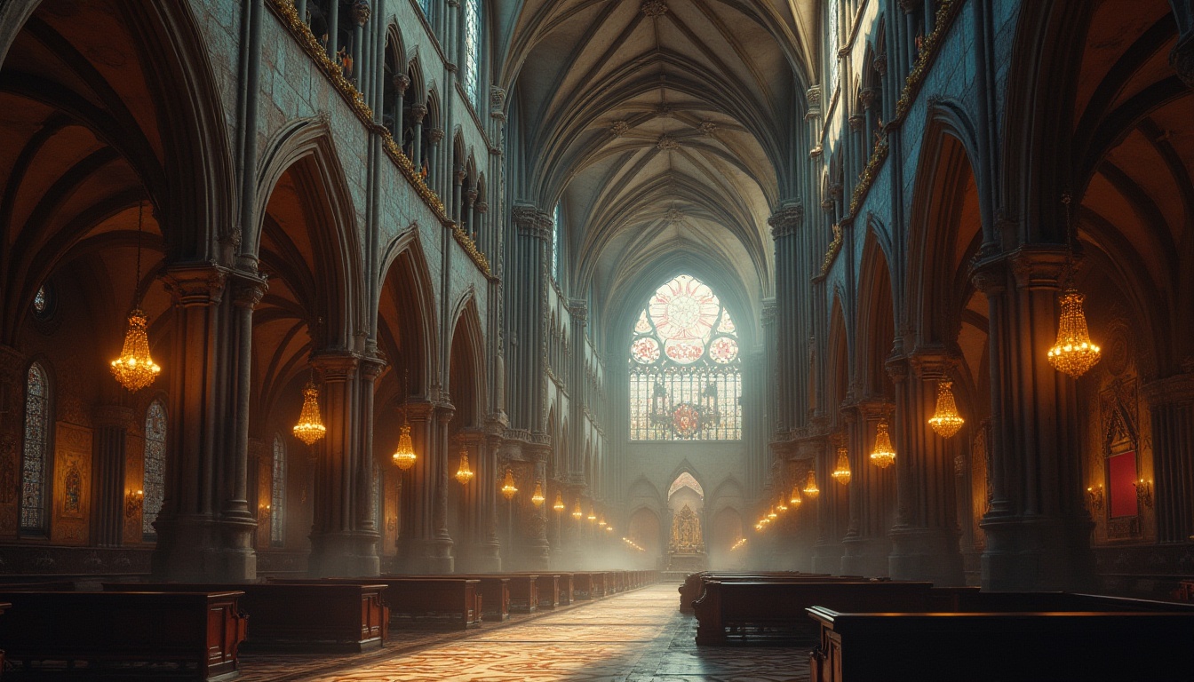 Prompt: Grand cathedral, intricate stone carvings, ribbed vaults, pointed arches, stained glass windows, ornate frescoes, rich tapestries, lavish chandeliers, dark wood accents, mysterious ambiance, dramatic lighting, high contrast, cinematic composition, atmospheric fog, warm golden tones, mystical atmosphere.