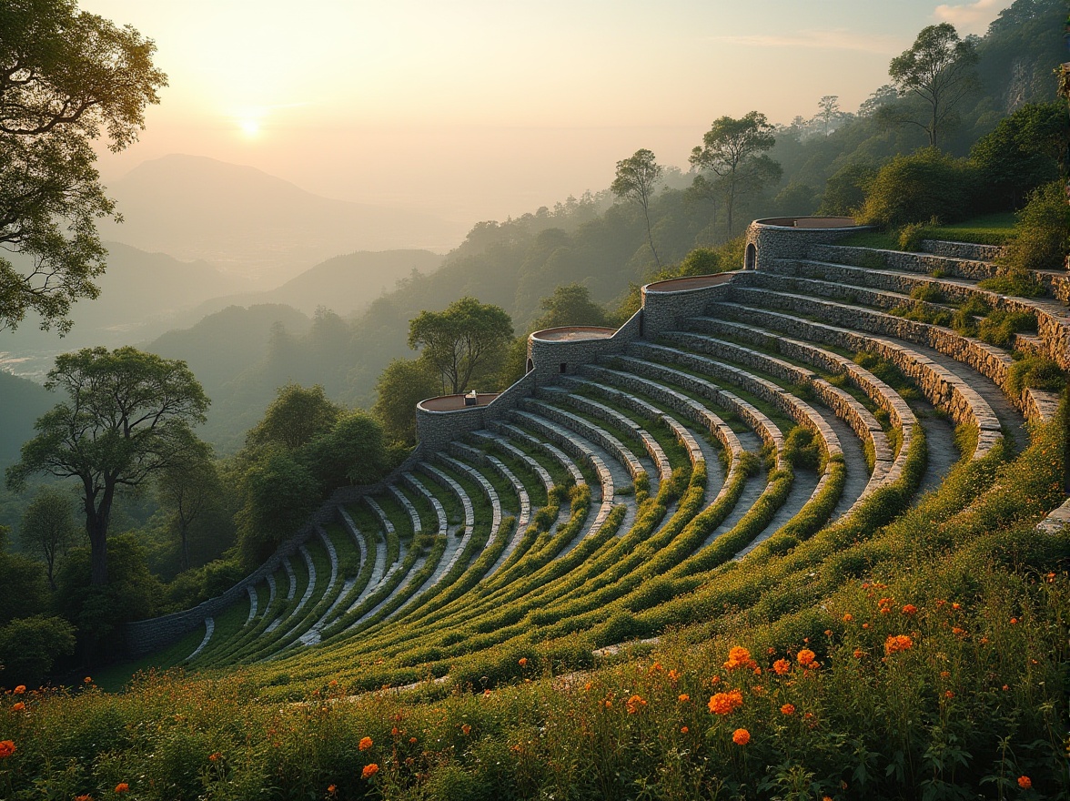 Prompt: Tiered seating, natural stone walls, lush greenery, scenic overlooks, curved architecture, panoramic views, misty mornings, warm golden lighting, shallow depth of field, 3/4 composition, realistic textures, ambient occlusion, amphitheater design, integrated landscape, rolling hills, wildflower meadows, tranquil atmosphere, soft breeze, bird's eye view, aerial perspective.