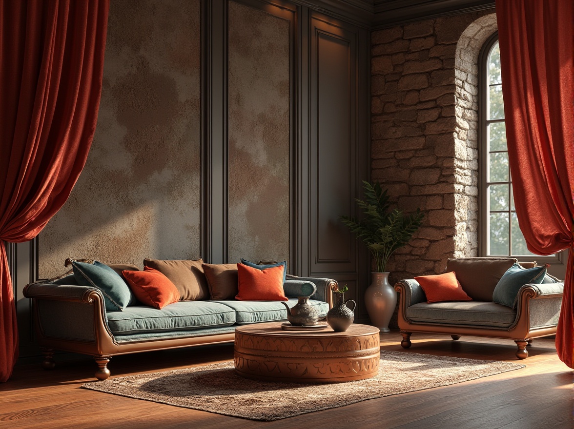 Prompt: Luxurious velvet drapes, rugged stone walls, smooth metallic surfaces, glossy wooden floors, soft cushion upholstery, intricate lace patterns, translucent glass tables, distressed denim fabrics, rich leather sofas, ornate ceramic vases, realistic 3D renderings, detailed normal maps, high-resolution textures, atmospheric ambient occlusion, warm golden lighting, shallow depth of field, 1/1 composition, cinematic camera angles.