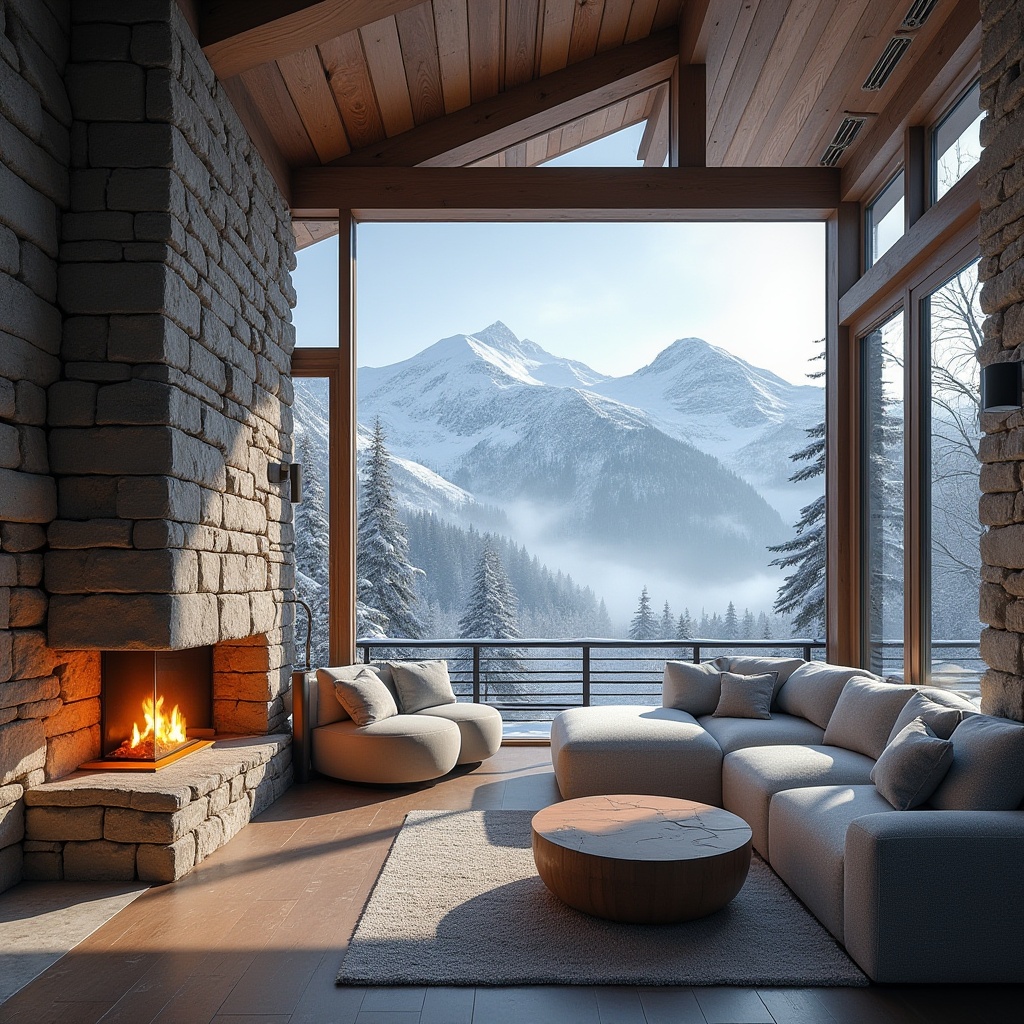 Prompt: Snow-capped mountains, rustic wooden beams, natural stone walls, earthy tone colors, cozy fireplaces, plush furnishings, ski lift machinery, snowy outdoor spaces, frosty windows, warm ambient lighting, atmospheric mist, 1/2 composition, symmetrical architecture, modern minimalist design, reclaimed wood accents, industrial metal details, functional simplicity, eco-friendly insulation, energy-efficient systems, snowflake-inspired patterns, frozen lake views, pine tree silhouettes.