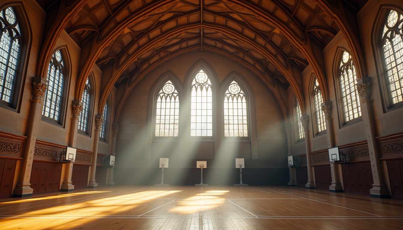 Prompt: Grand gymnasium interior, vaulted ceilings, Gothic arches, ribbed vaults, stained glass windows, ornate stone carvings, intricate tracery, pointed archways, majestic columns, polished wood flooring, athletic equipment, basketball hoops, sports banners, natural light pouring in, warm atmospheric lighting, dramatic shadows, 1/1 composition, low-angle shot, rich textures, ambient occlusion.