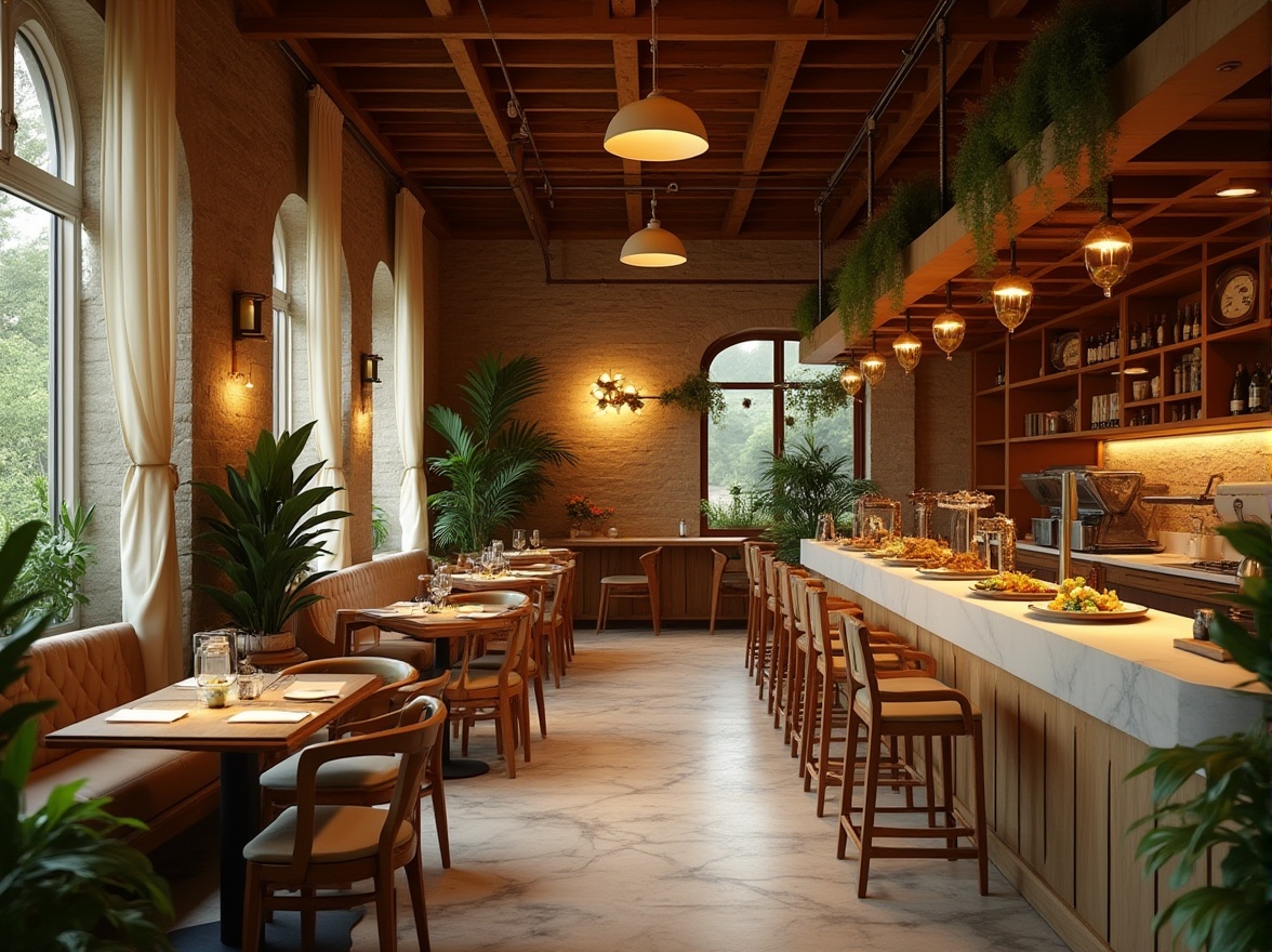 Prompt: Cozy restaurant interior, warm earthy tones, rich wood accents, soft golden lighting, inviting atmosphere, comfortable seating areas, natural stone flooring, rustic brick walls, elegant metal decor, vibrant greenery, lush plants, modern minimalist furniture, creamy white countertops, stainless steel appliances, warm beige curtains, appetizing food displays, aromatic scents, shallow depth of field, 1/1 composition, soft focus, warm color grading.