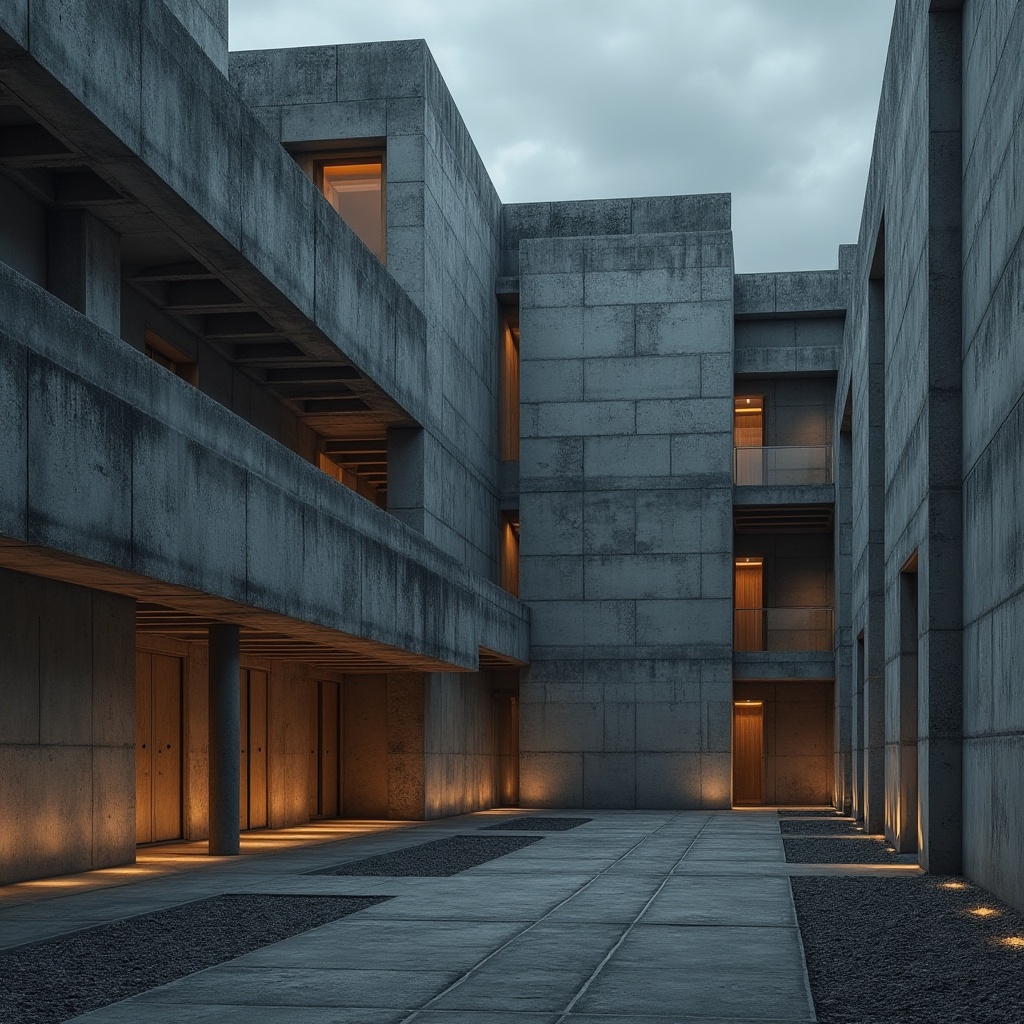 Prompt: Raw concrete walls, rugged stone facades, brutalist fortress-like structures, dramatic cantilevered roofs, industrial-scale steel beams, exposed ductwork, poured-in-place concrete floors, rough-hewn wooden accents, cold atmospheric lighting, high-contrast shadows, stark minimalist decor, monumental urban scale, imposing institutional presence, functional simplicity, weathered exterior surfaces, rusting metal detailing, abstract sculptural forms, dramatic nighttime illumination.