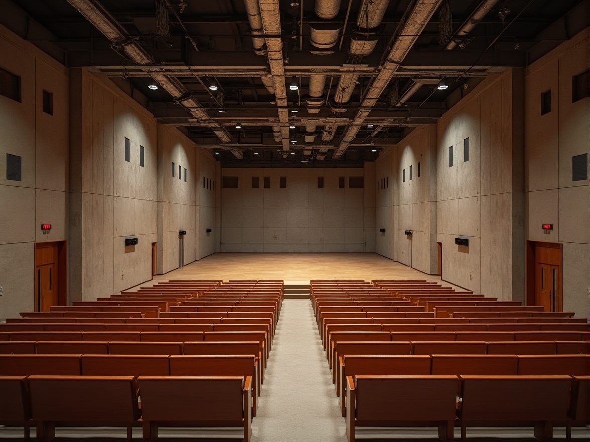 Prompt: Bauhaus-style auditorium, rectangular shape, minimal ornamentation, functional design, exposed ductwork, industrial materials, concrete floors, steel beams, wooden benches, geometric shapes, asymmetric composition, warm color palette, intimate atmosphere, soft box lighting, subtle shadows, 1/1 composition, realistic textures, ambient occlusion, precise sound reflections, optimal acoustic resonance, professional audio equipment, microphone arrays, speaker systems.