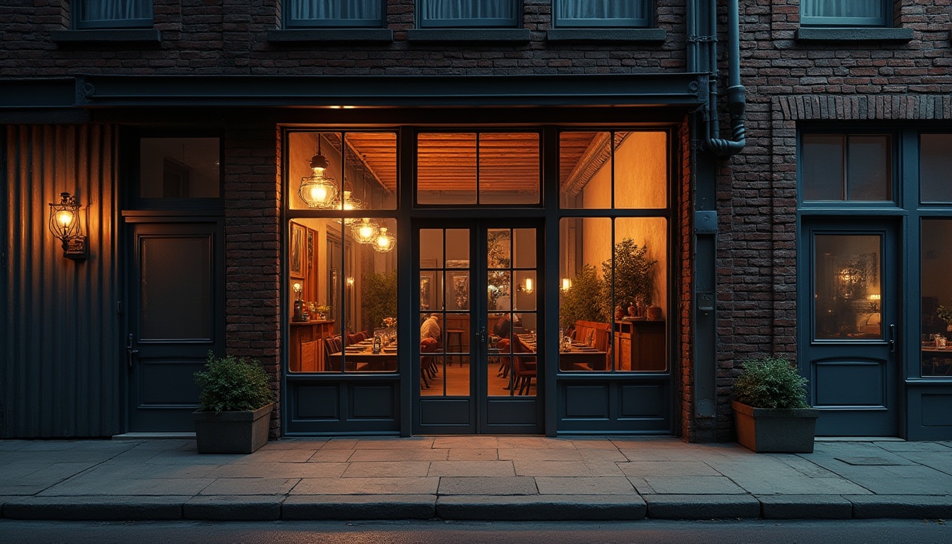 Prompt: Industrial warehouse facade, exposed brick walls, metal frame windows, corrugated metal cladding, minimalist aesthetic, functional simplicity, international style influence, modern urban context, busy street scene, natural stone pavement, steel beams, concrete floors, reclaimed wood accents, industrial chic decor, Edison bulb lighting, atmospheric shadows, dramatic nighttime illumination, low-angle shot, cinematic composition, high-contrast color grading.