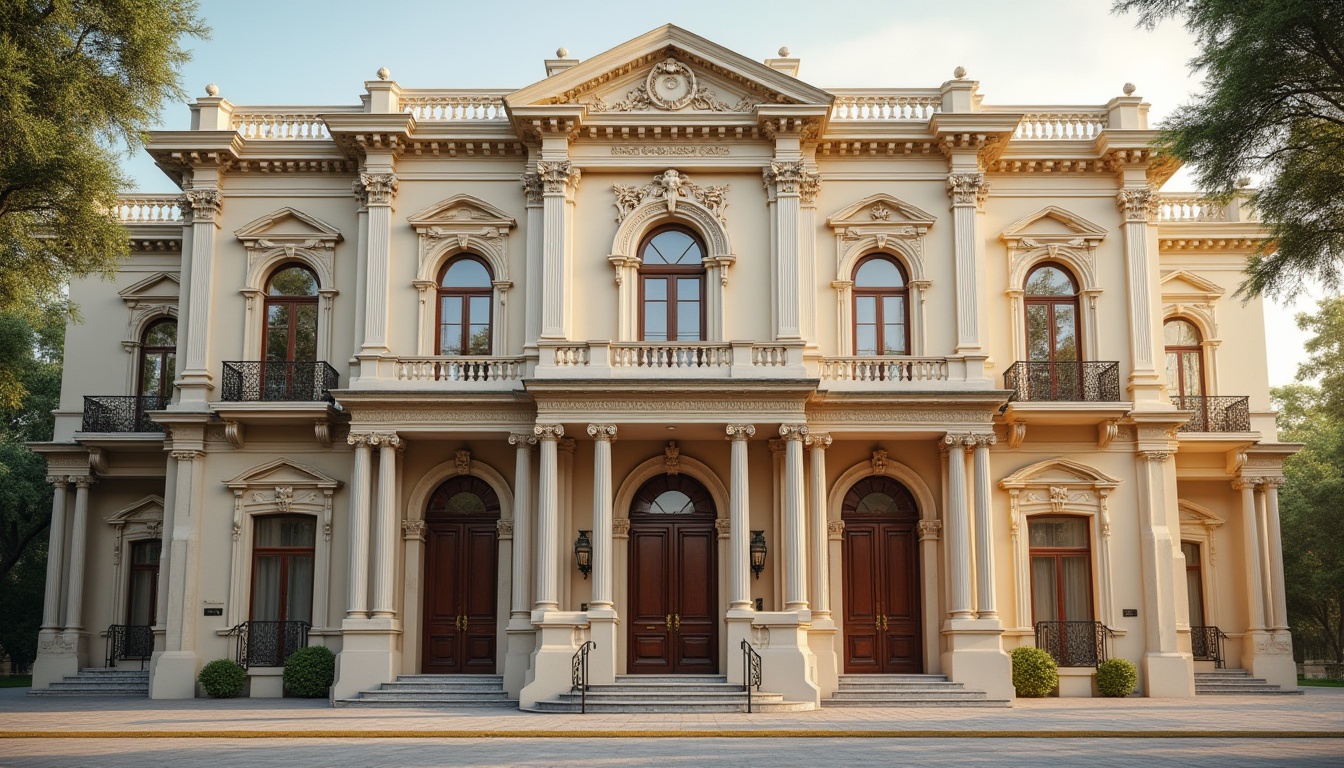 Prompt: Grand neoclassical facade, ornate columns, intricately carved stonework, symmetrical composition, classic pediments, decorative cornices, arched windows, Juliet balconies, wrought iron railings, subtle warm lighting, soft afternoon sun, 1/1 aspect ratio, shallow depth of field, realistic textures, ambient occlusion, luxurious exterior decor, elegant doorways, refined architectural details, creamy stucco walls, rich wood accents, vintage bronze hardware.