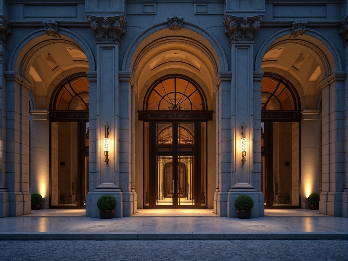 Prompt: Grand entrance, elegant archways, sophisticated columns, refined stone cladding, luxurious glass facades, metallic accents, subtle lighting effects, dramatic shadows, urban cityscape, bustling streets, vibrant nightlife, 1/2 composition, cinematic perspective, high-contrast ratio, atmospheric depth of field.