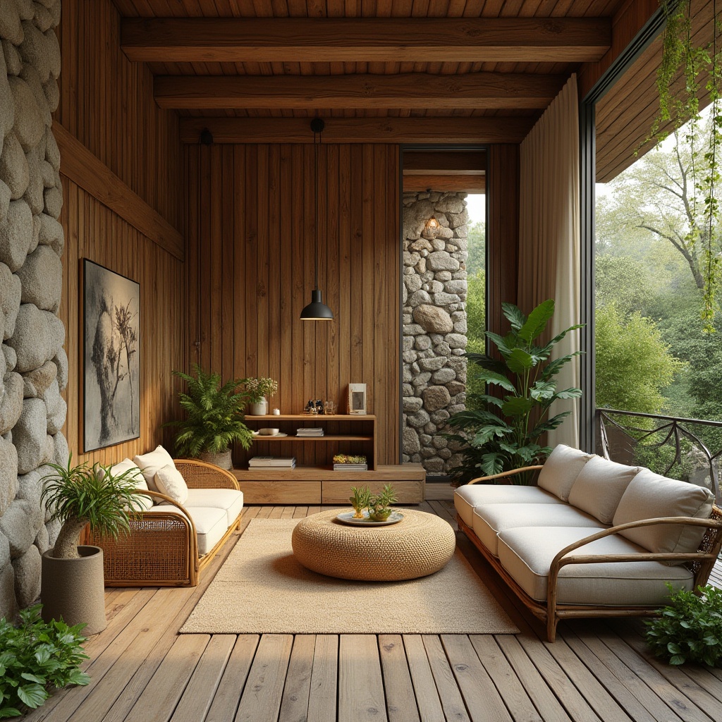 Prompt: Earthy tones, reclaimed wood, natural stone walls, bamboo flooring, woven rattan furniture, living green walls, organic textures, earthy color palette, rustic metal accents, recycled materials, eco-friendly fabrics, minimal ornamentation, soft warm lighting, shallow depth of field, 3/4 composition, serene atmosphere, calming ambiance.