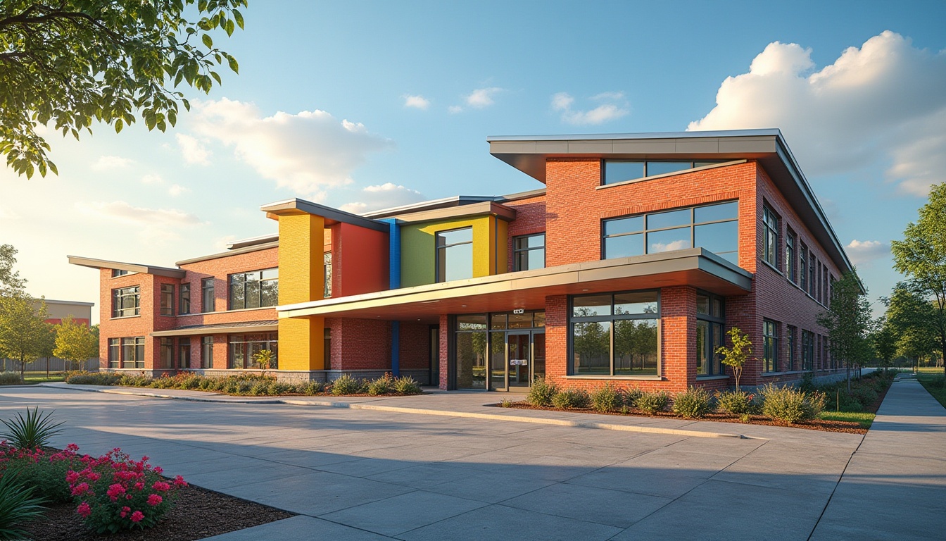 Prompt: Vibrant elementary school facade, colorful brick walls, modern curved lines, large windows, sliding glass doors, cantilevered rooflines, playful geometric patterns, educational signage, natural stone accents, landscaped playgrounds, blooming flower beds, sunny afternoon light, soft warm glow, shallow depth of field, 3/4 composition, panoramic view, realistic textures, ambient occlusion.